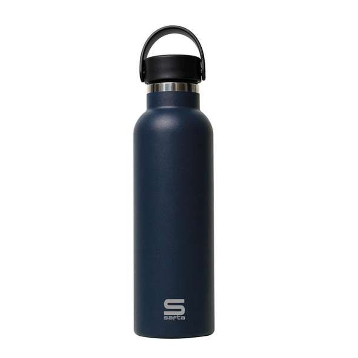 Eine marineblaue Wasserflasche mit schwarzem Griff und Deckel. Sie hat einen silbernen Rand und einen weißen Hintergrund. Das Logo 'sarta' ist darauf.