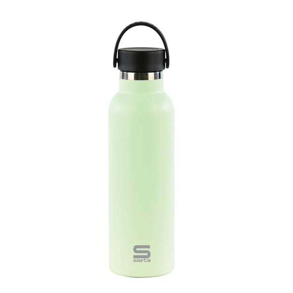 Eine hellgrüne Wasserflasche mit schwarzem Deckel und Griff, silbernem Rand und dem Logo 'sarta'.