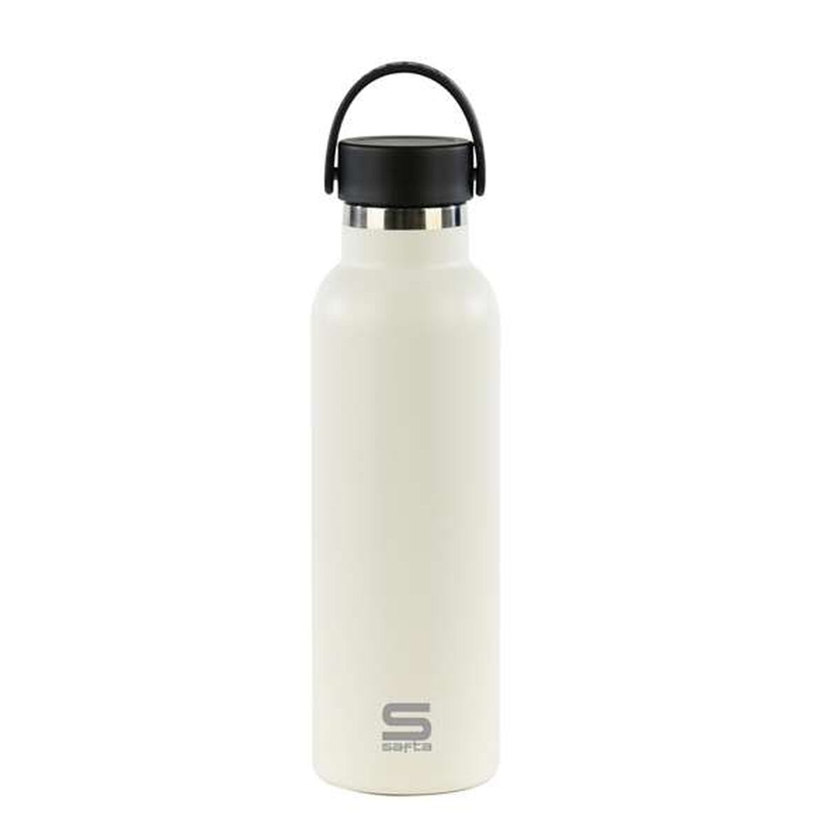 Eine cremefarbene Wasserflasche mit schwarzem Deckel und Griff. Der Markenname 'sarta' ist unten grau aufgedruckt.
