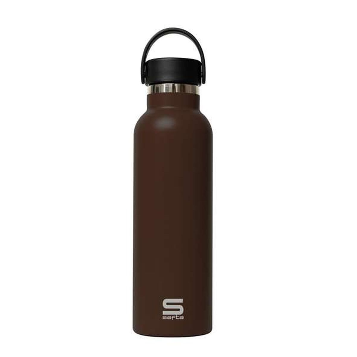 Eine braune Wasserflasche mit schwarzem Deckel und Henkel. Der Markenname 'safta' ist unten sichtbar.