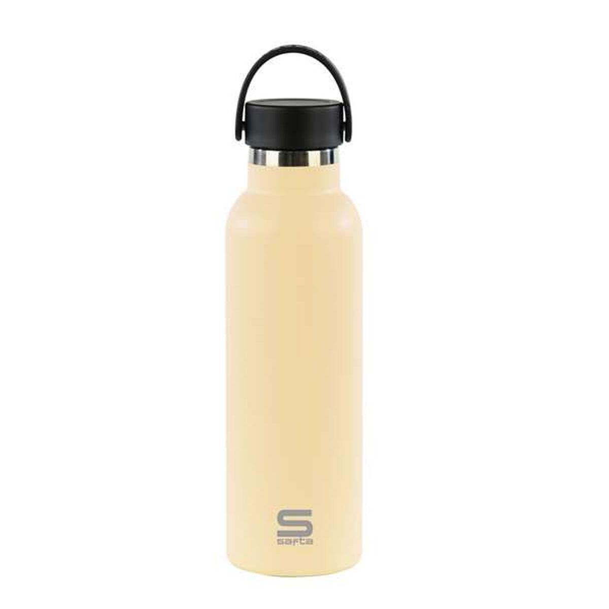 Eine cremefarbene Wasserflasche mit schwarzem Deckel und Griff. Der Boden hat ein Logo 'sarta'.