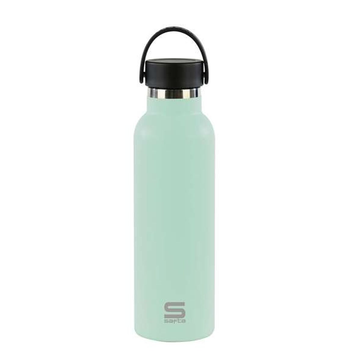 Eine mintgrüne Wasserflasche mit schwarzem Deckel und Griff. Der Markenname 'sarta' ist auf der Flasche.