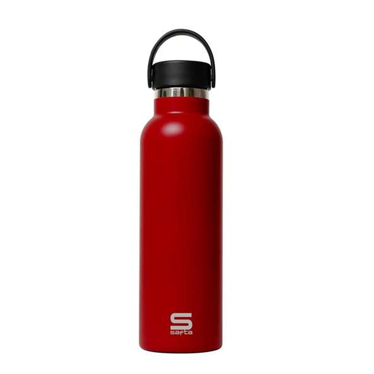 Eine rote Wasserflasche mit schwarzem Deckel und Griff. Der Markenname 'safta' ist unten aufgedruckt.