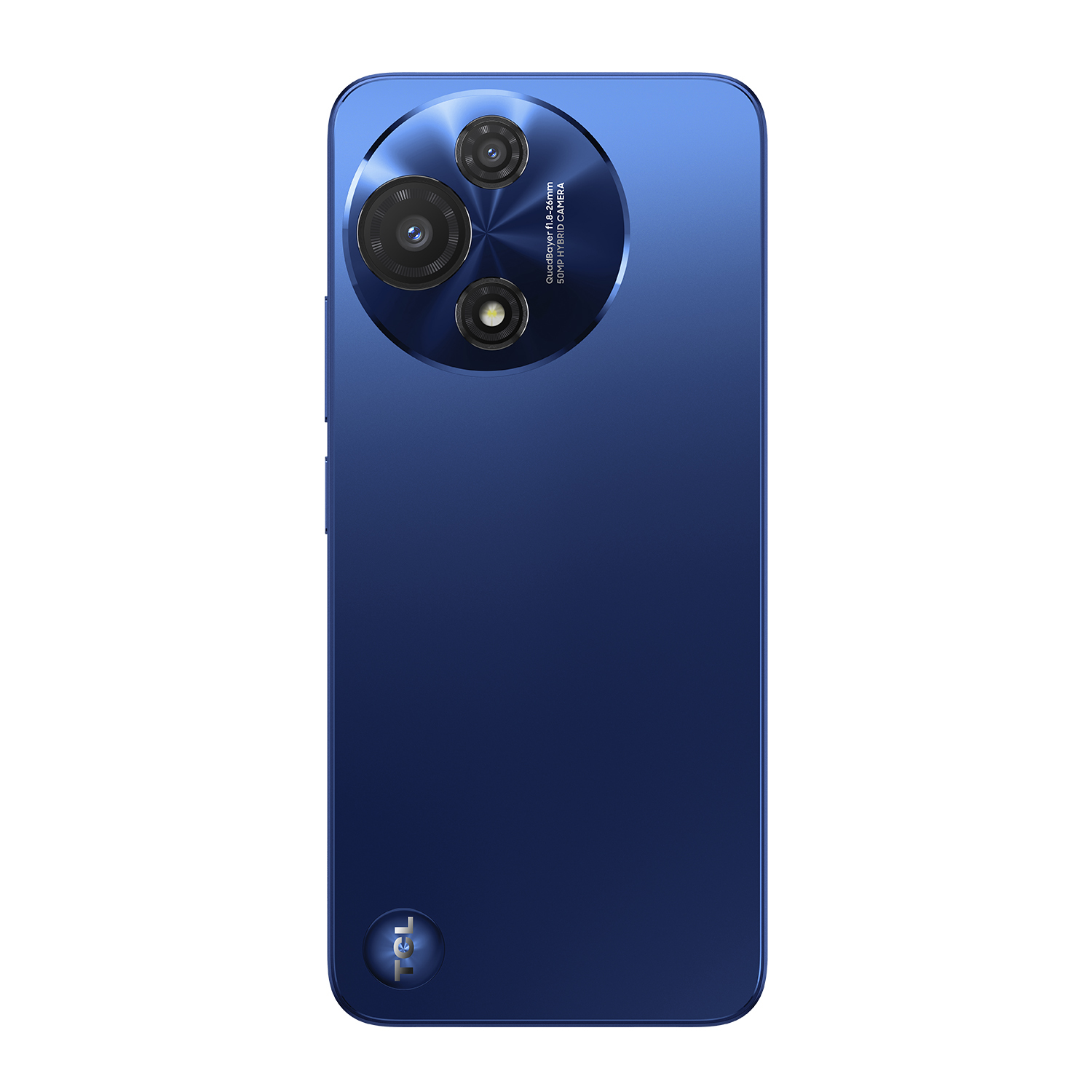 Vista posteriore di uno smartphone blu su sfondo bianco. Ha un sistema a tripla fotocamera e un logo in basso.