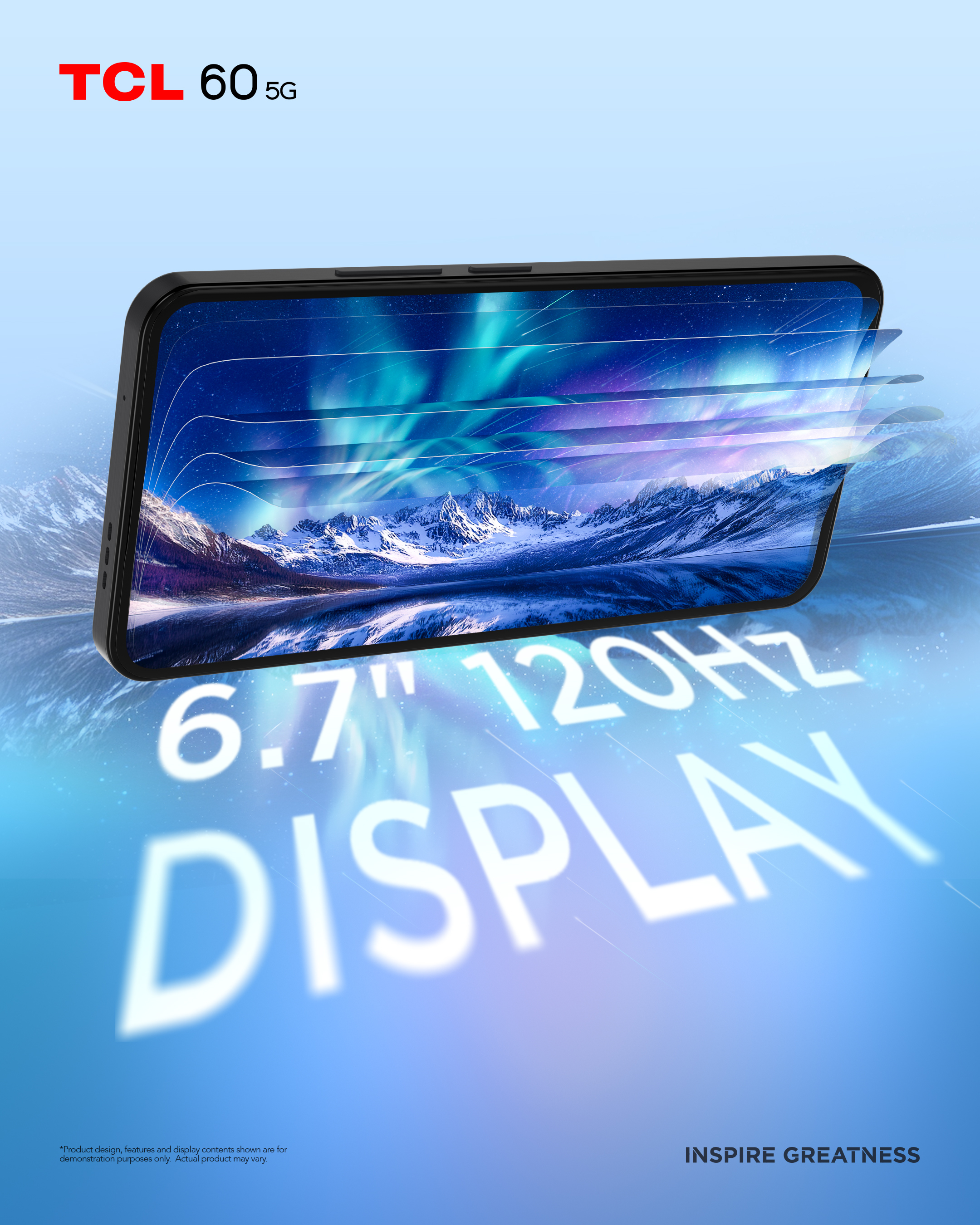 Un telefono mostra un paesaggio con montagne e aurora. Il telefono è nero e ha il logo TCL.