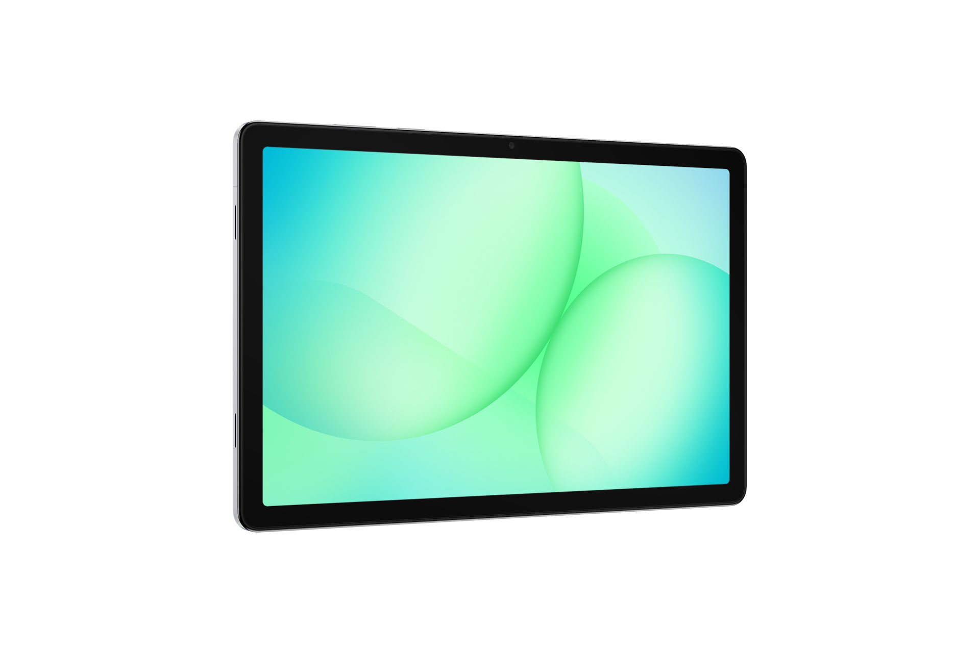 Tablet z czarną ramką i ekranem z zielonymi i niebieskimi gradientami. Tło jest białe.