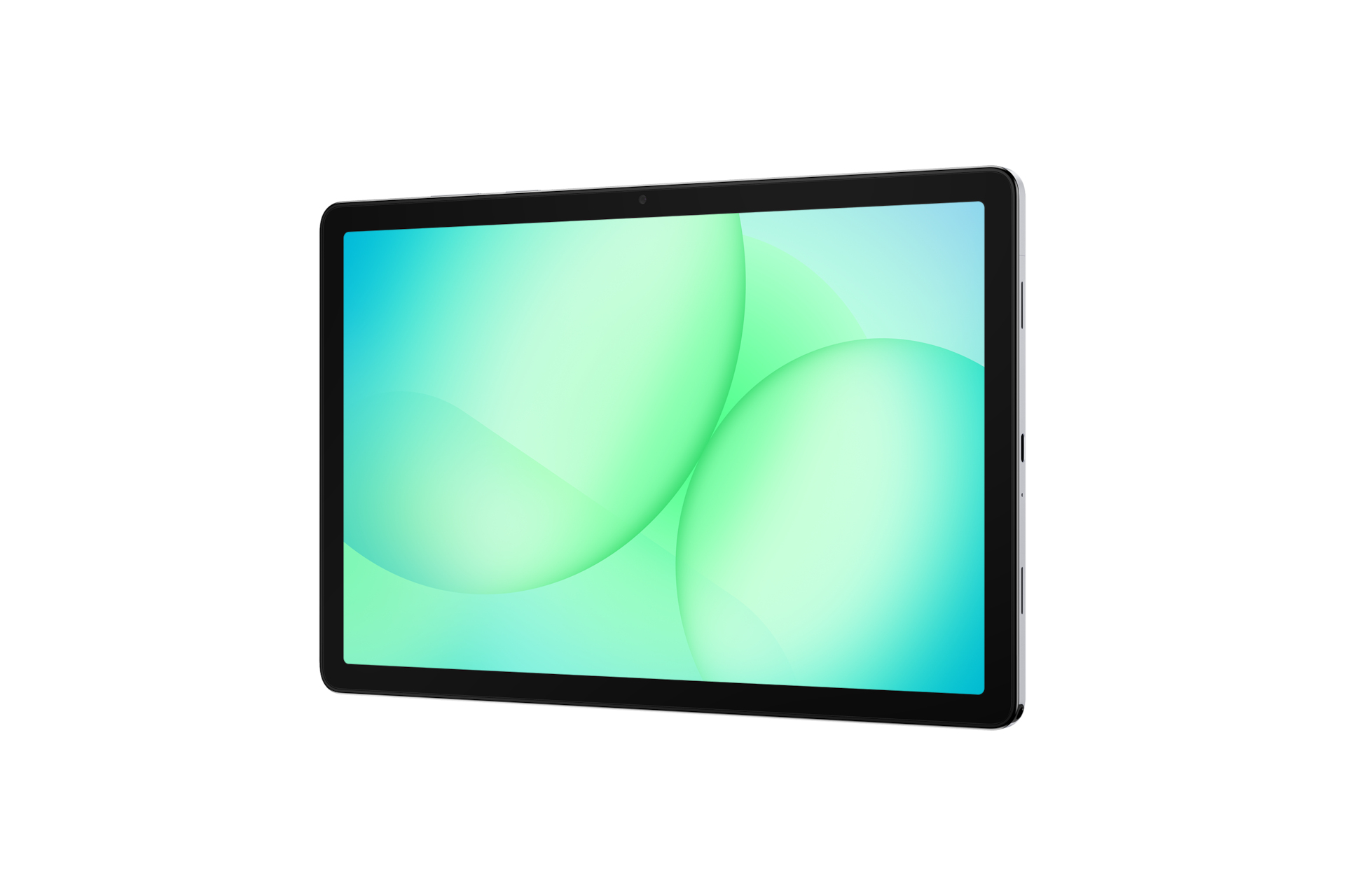 Tablet z czarną ramką, ekran wyświetla zielone i niebieskie abstrakcyjne kształty na białym tle.