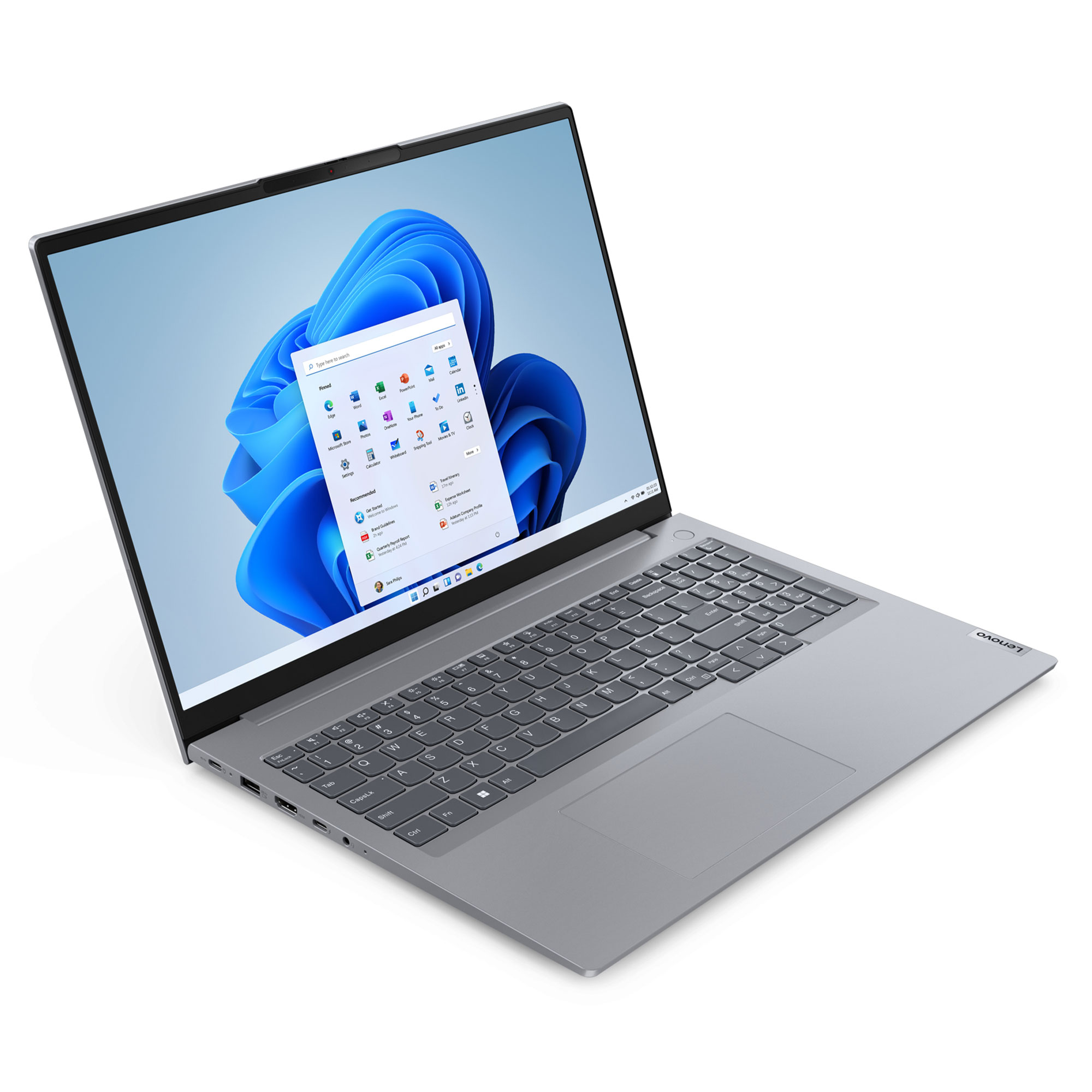 Gri bir Lenovo dizüstü bilgisayar açık, mavi soyut bir duvar kağıdı ile Windows 11 arayüzünü gösteriyor.