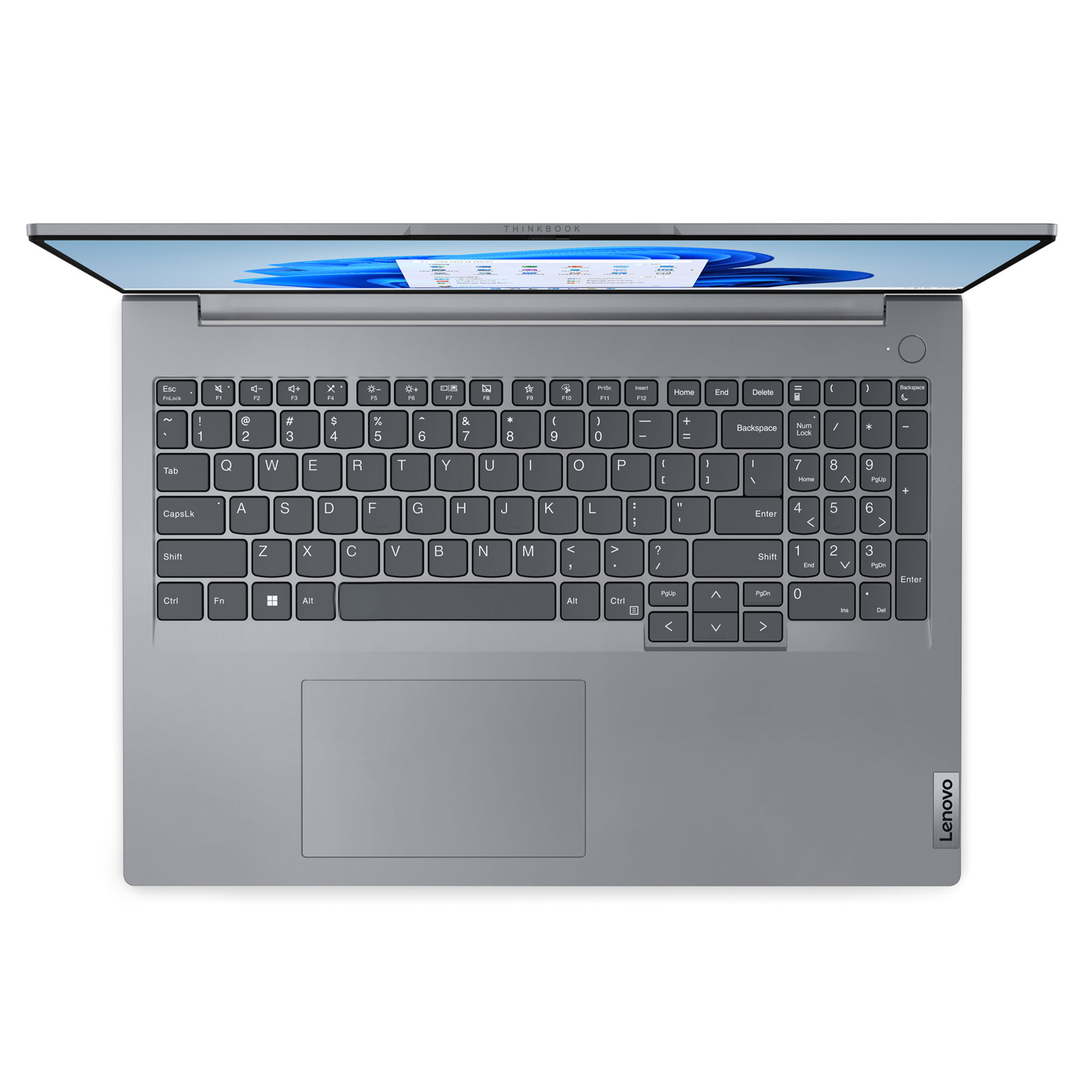 Gri bir ThinkBook dizüstü bilgisayar, açık. Sağ altta Lenovo logosuyla klavye görünüyor.