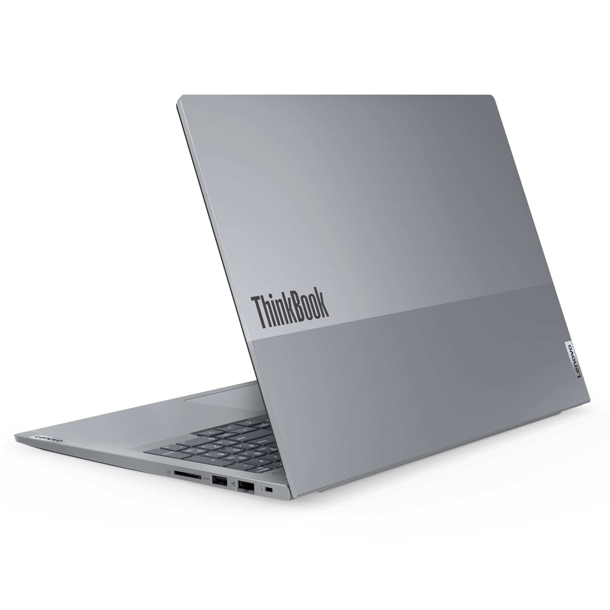 Gri bir Lenovo ThinkBook dizüstü bilgisayar açık. Ekran yukarıda, ThinkBook logosunu gösteriyor. Arka plan beyaz.