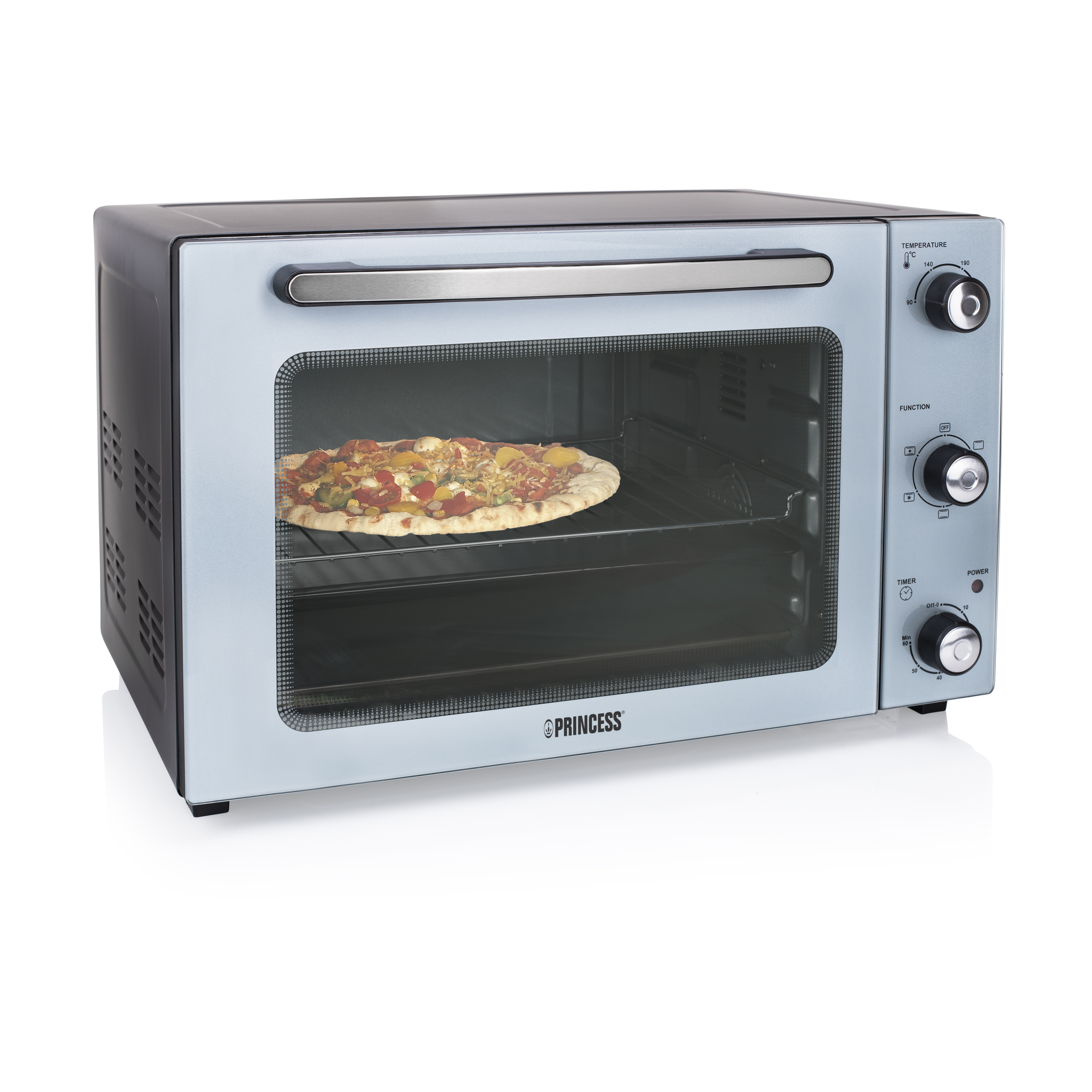 Un forno Princess azzurro con una pizza all'interno. Ha comandi per temperatura, funzione e timer.