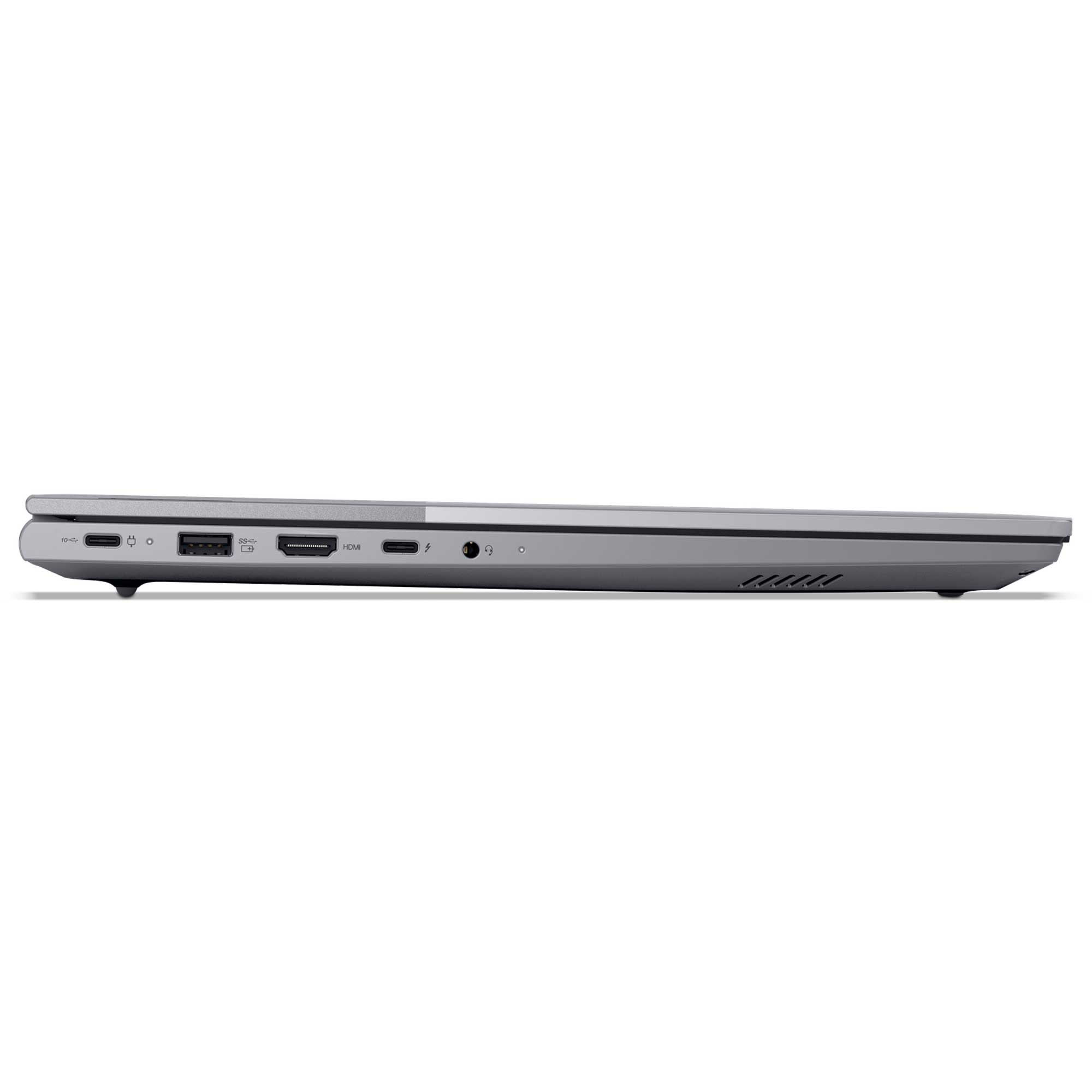 Çeşitli bağlantı noktalarına sahip gri bir dizüstü bilgisayarın yan görünümü. USB-C, HDMI ve ses jakı içerir.