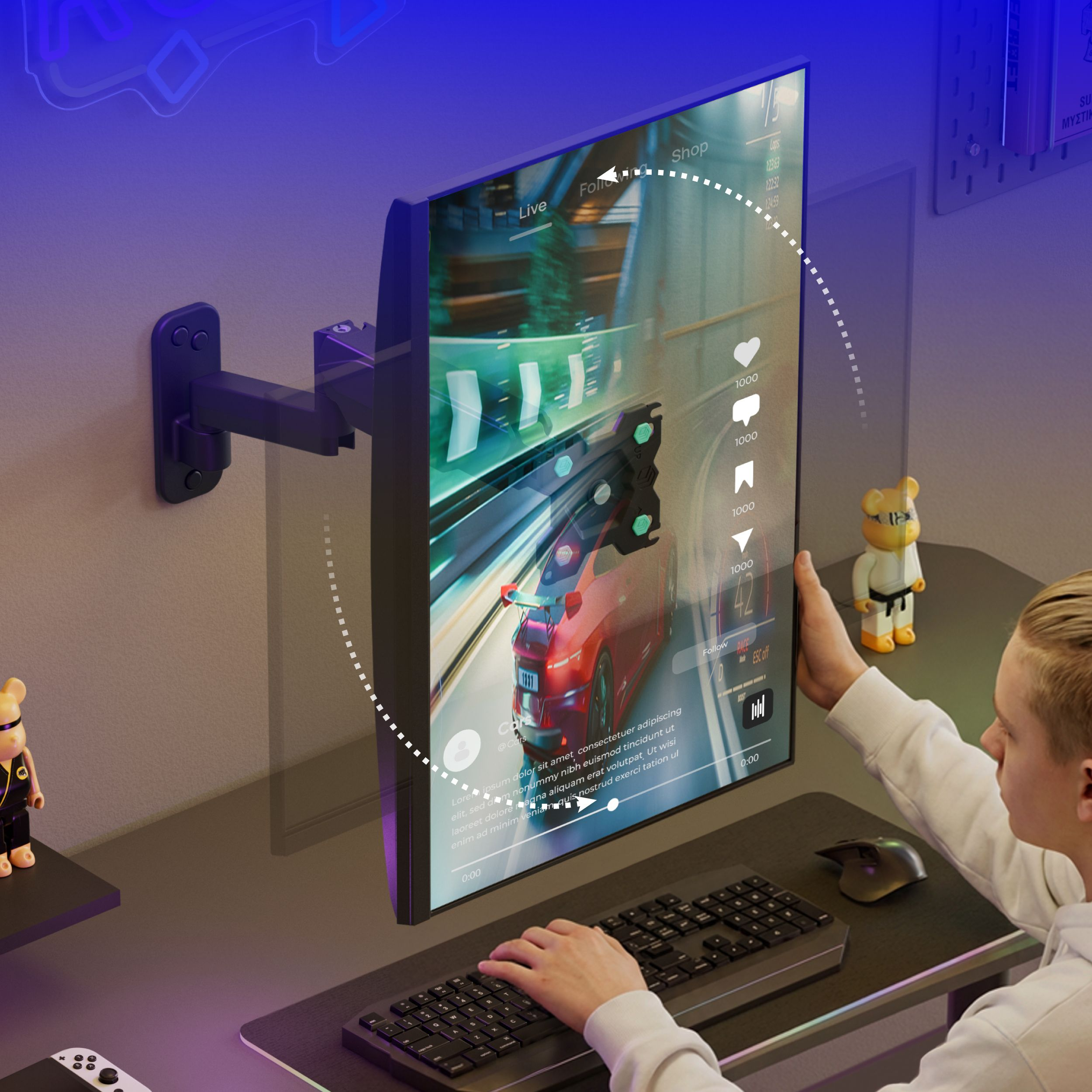 Una persona utilizza un monitor verticale, che mostra un gioco di corse automobilistiche, con tastiera e mouse sulla scrivania.