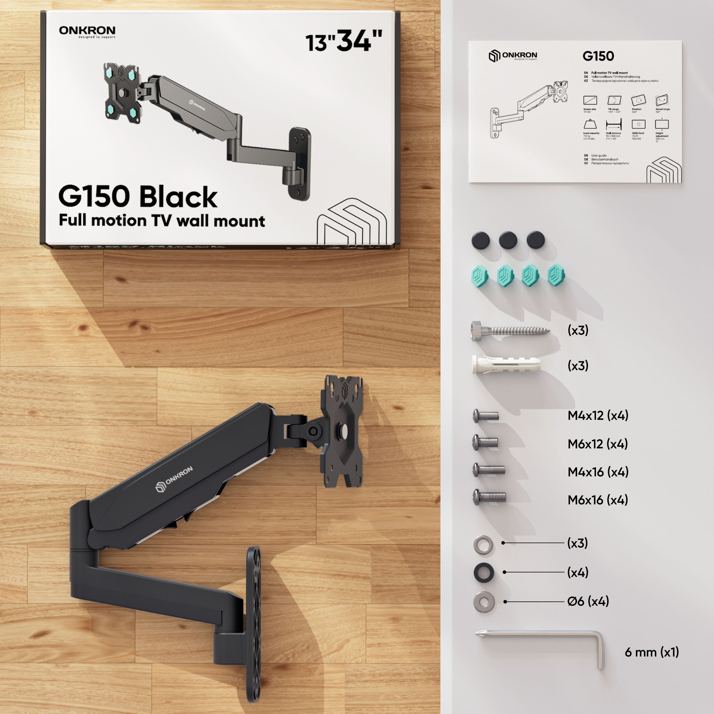 Un kit per montaggio a parete TV con componenti, tra cui staffa, viti, rondelle e una chiave a brugola.