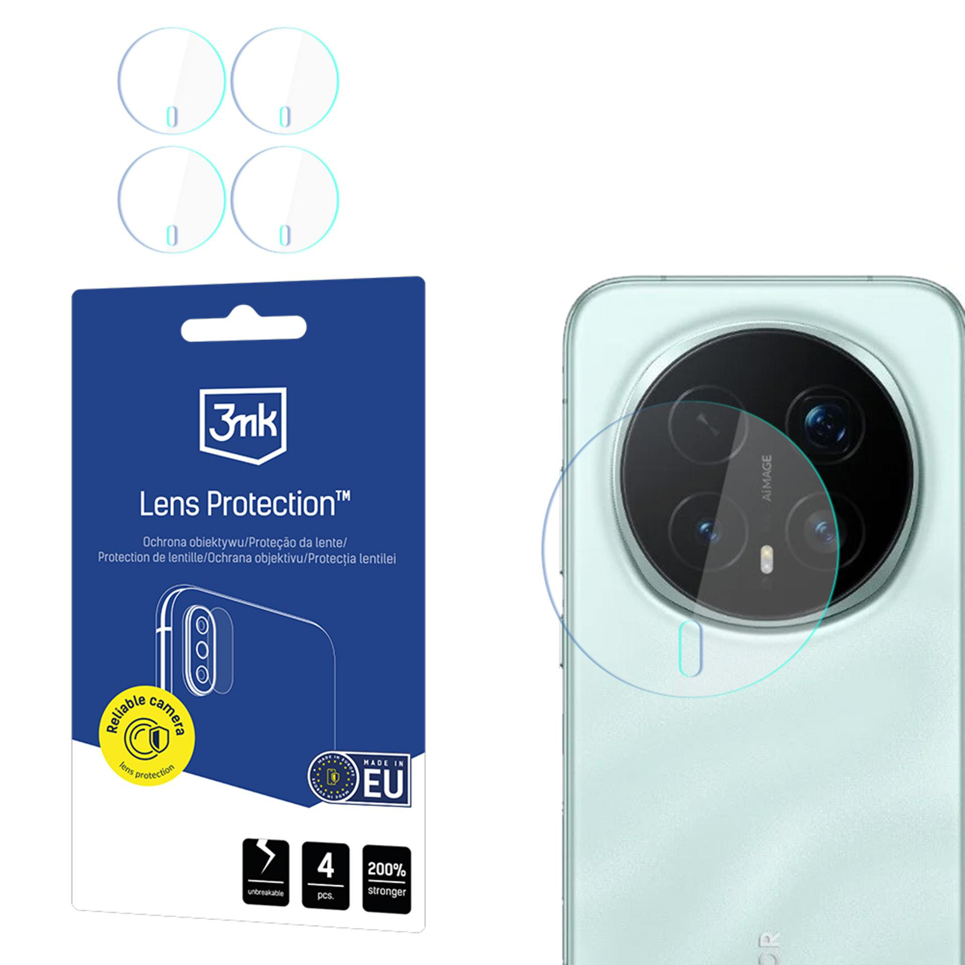 L'immagine mostra protezioni per lenti del telefono, confezione e un telefono. Le protezioni sono trasparenti, la confezione è blu.