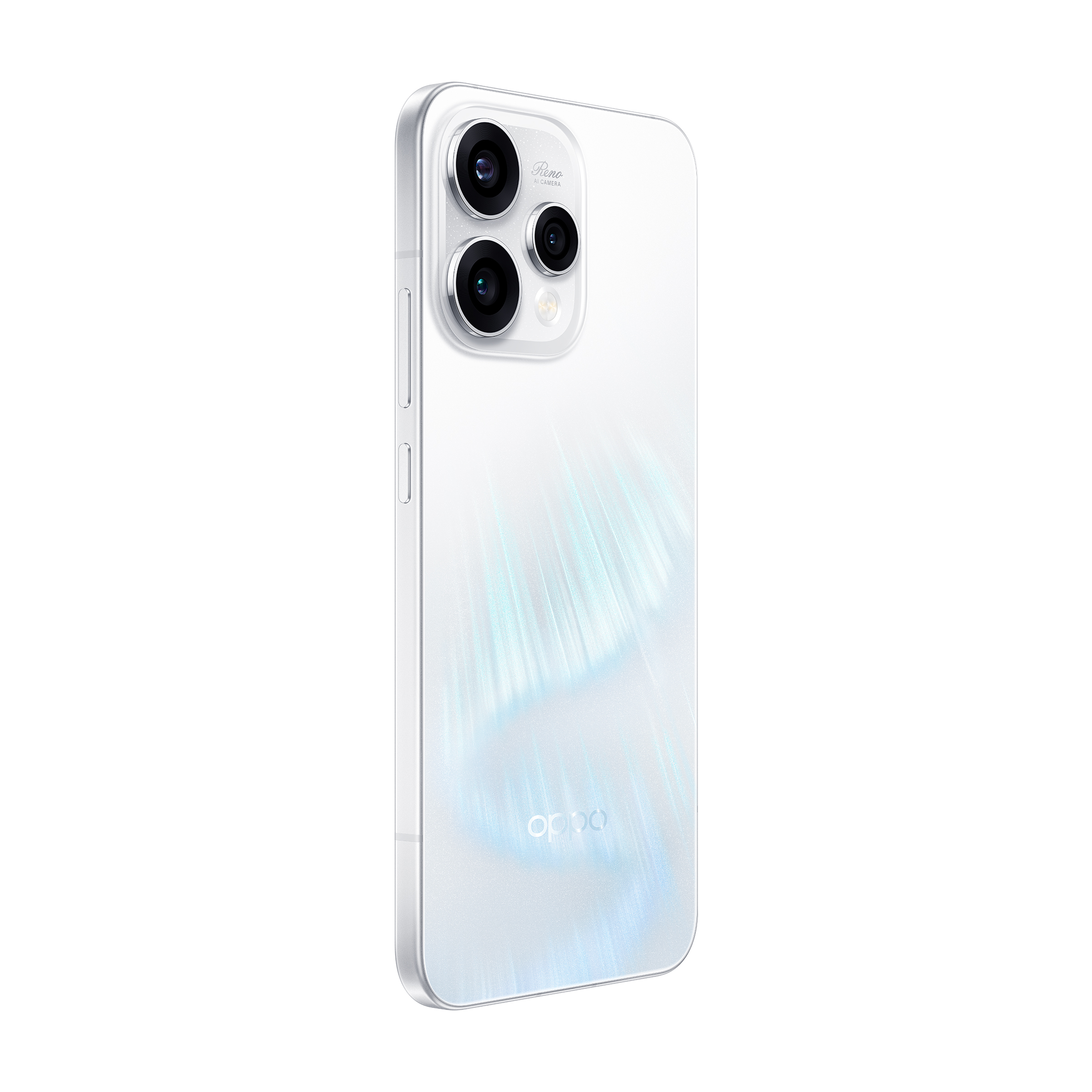 Smartphone blanc avec trois caméras, coque transparente, texte Reno AI camera et logo Oppo sur fond blanc.