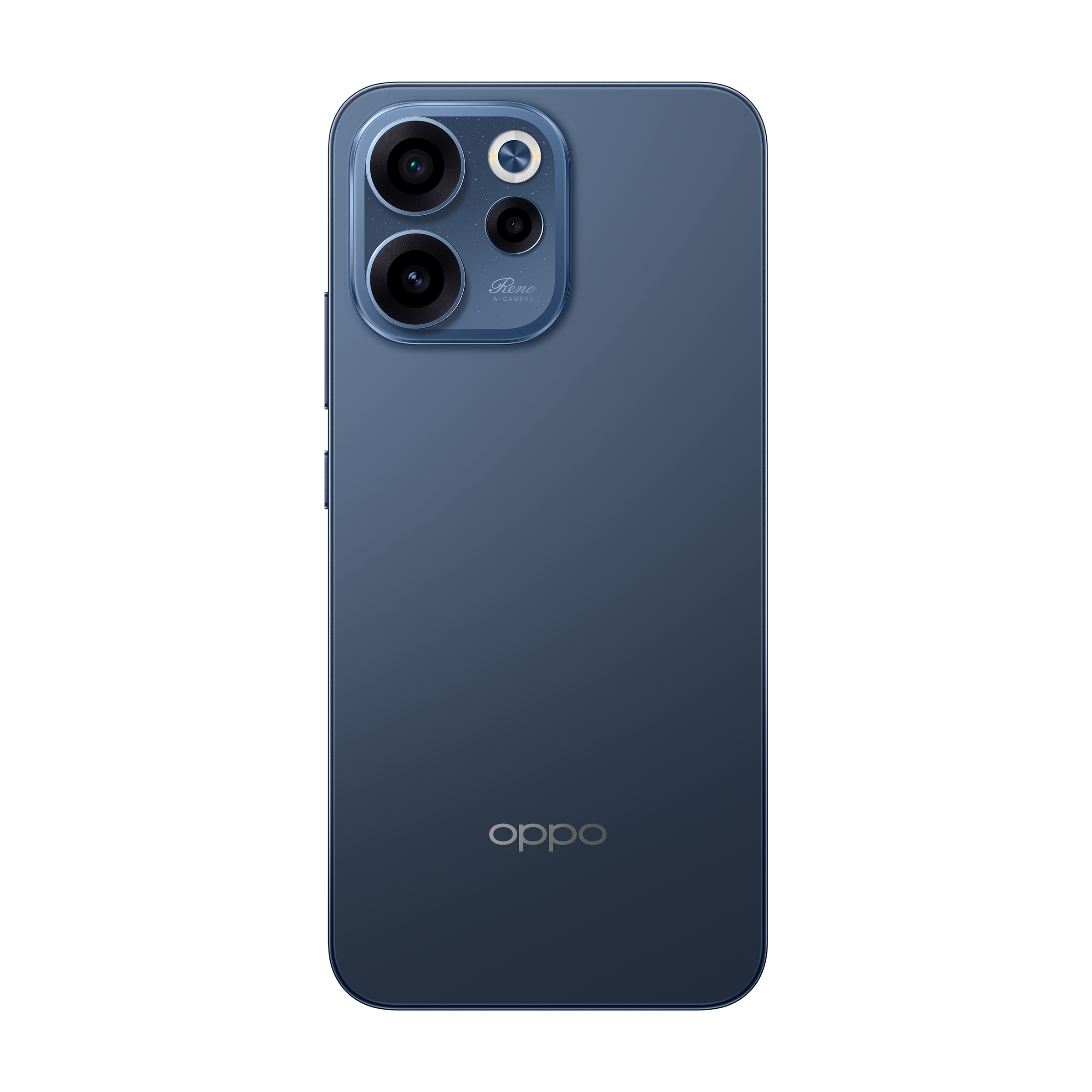 Niebieski tył telefonu Oppo z układem kamery i logo Oppo. Telefon znajduje się na białym tle.