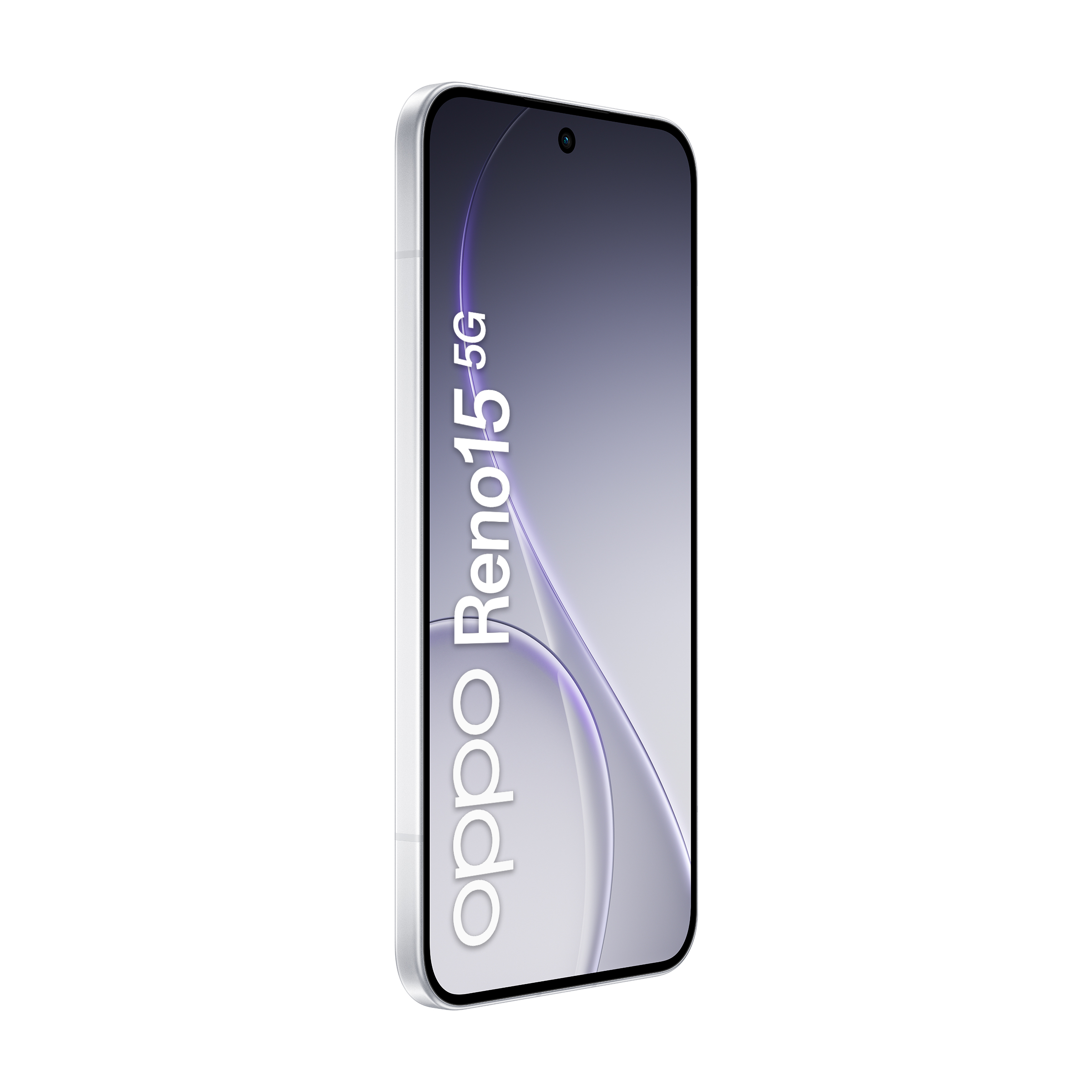 Un téléphone Oppo Reno 15 5G blanc sur fond blanc. L'écran affiche un design violet.