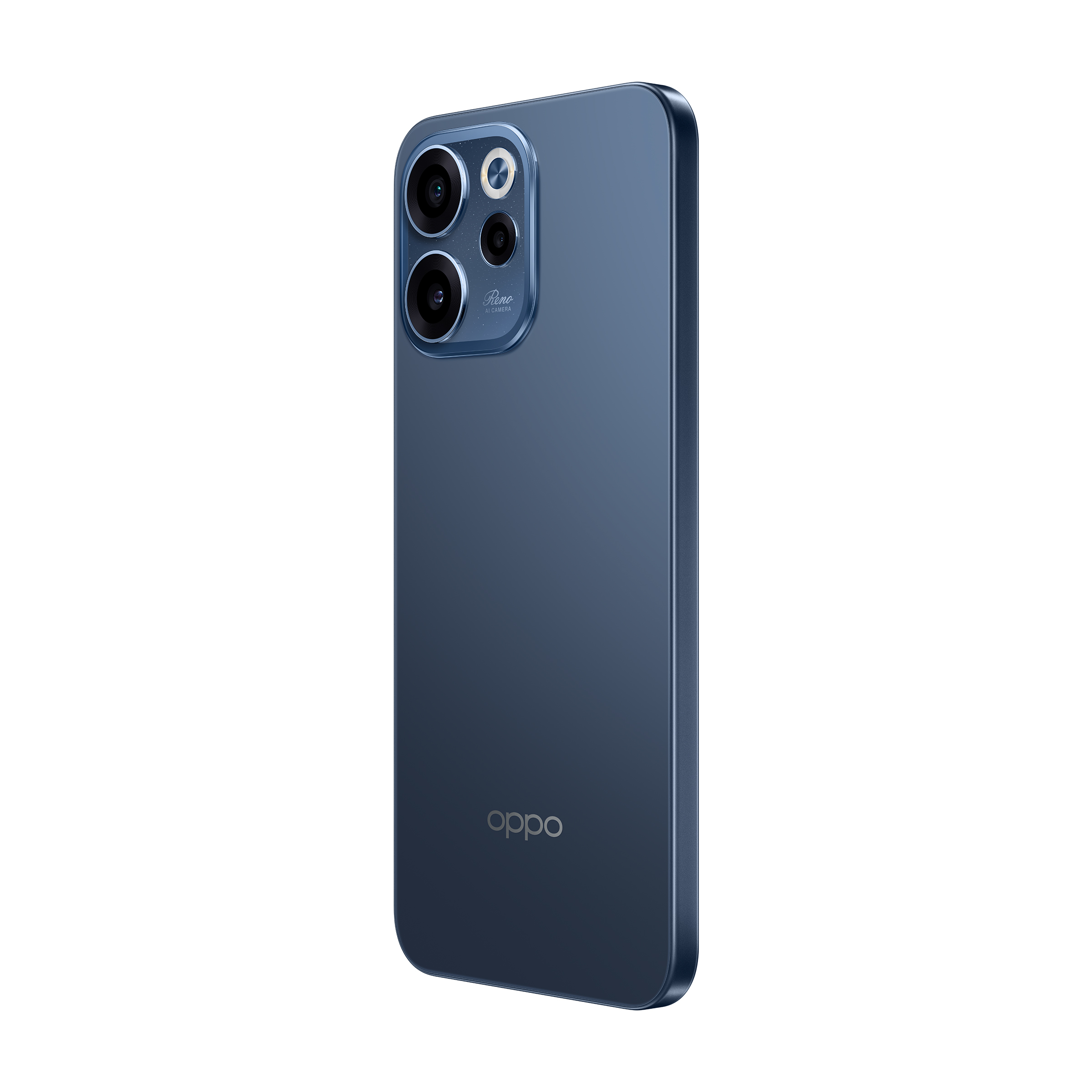 Ciemnoniebieski smartfon Oppo pochylony w prawo. Posiada wiele tylnych kamer i logo Oppo.