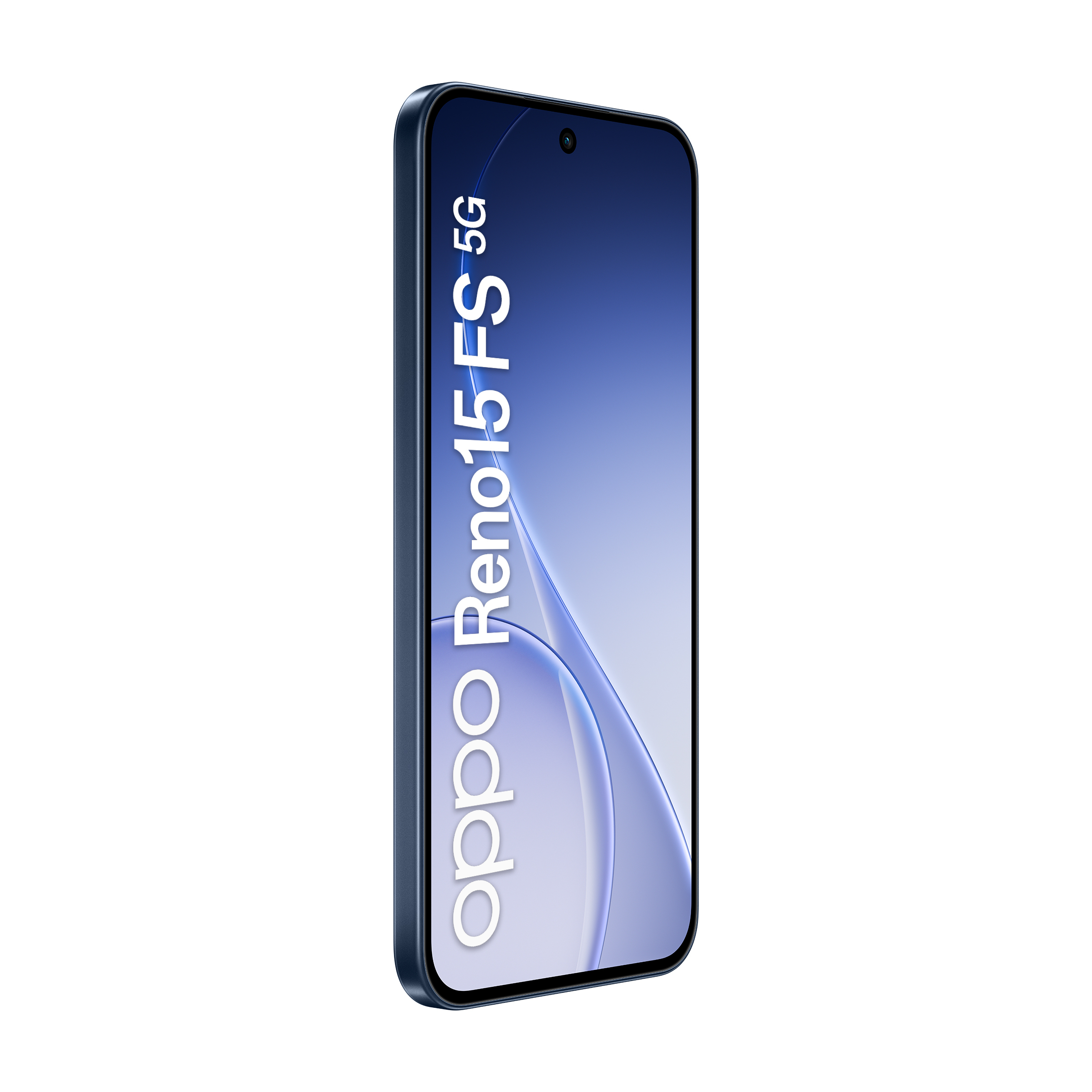 Smartphone Oppo Reno15 FS 5G, cornice blu, testo bianco, schermo mostra onde blu e bianche su sfondo bianco.