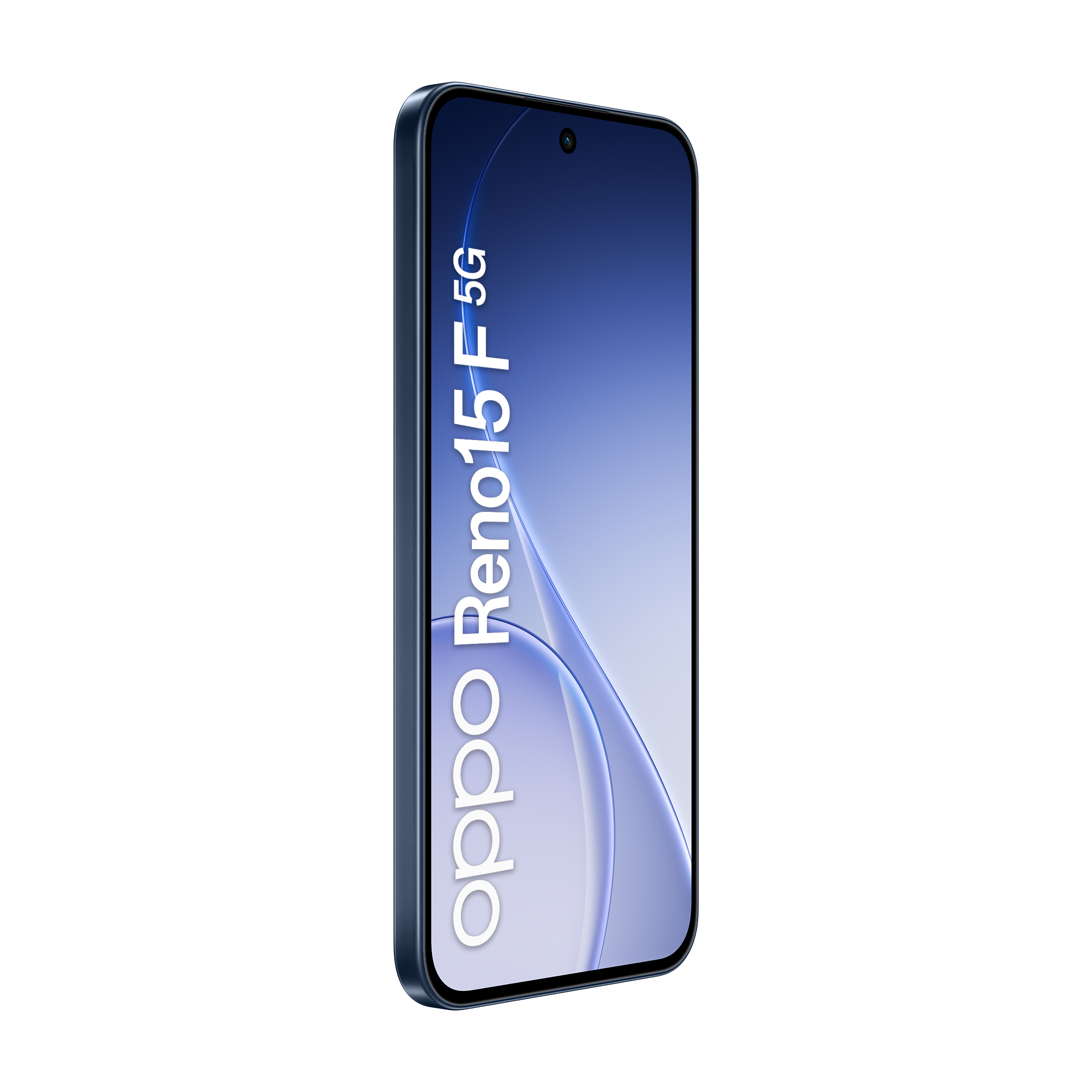 Ciemnoniebieski telefon Oppo Reno15 F 5G na białym tle. Ekran wyświetla niebiesko-biały wzór.