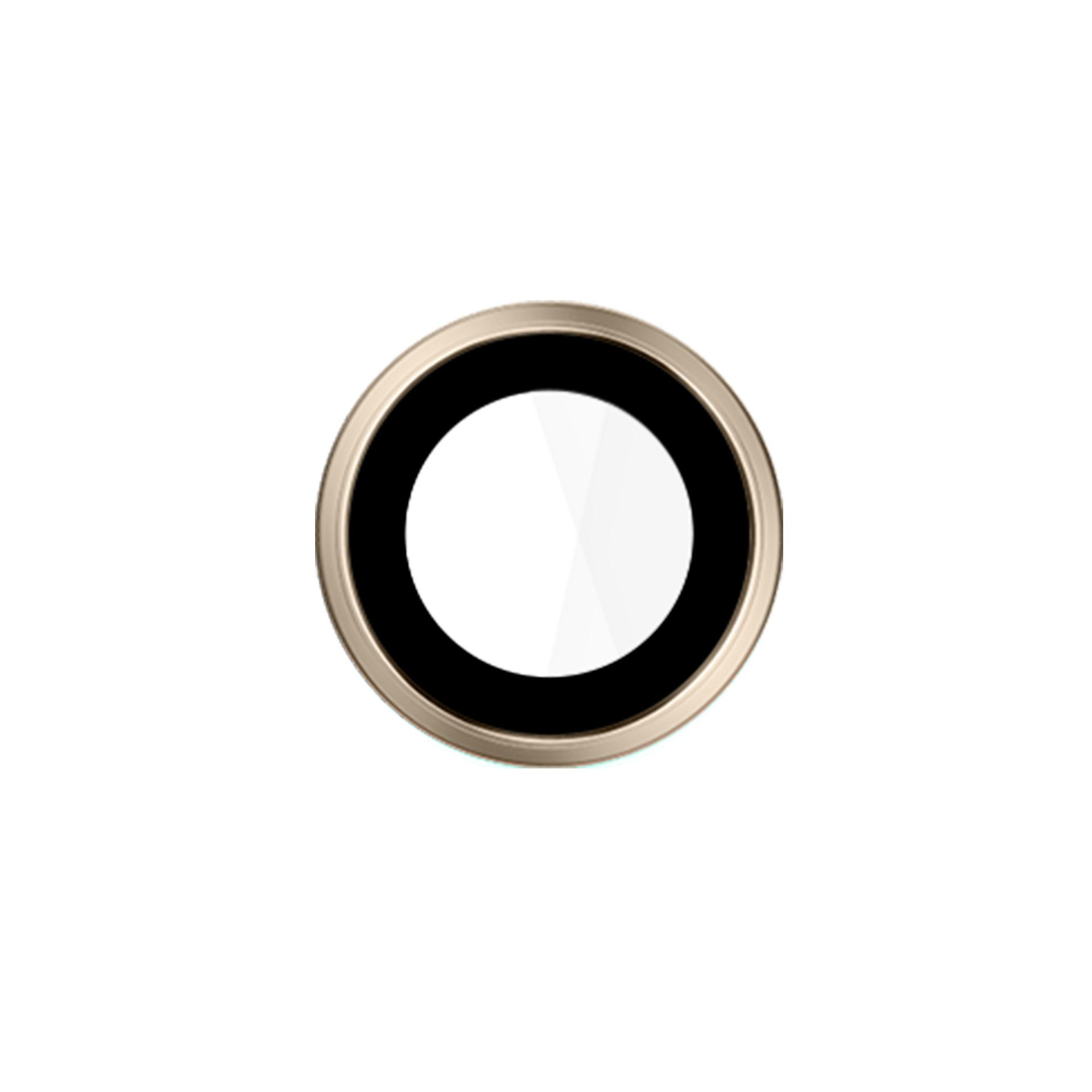 Un proteggi obiettivo circolare. Ha un anello esterno dorato, un anello interno nero e un centro bianco riflettente.