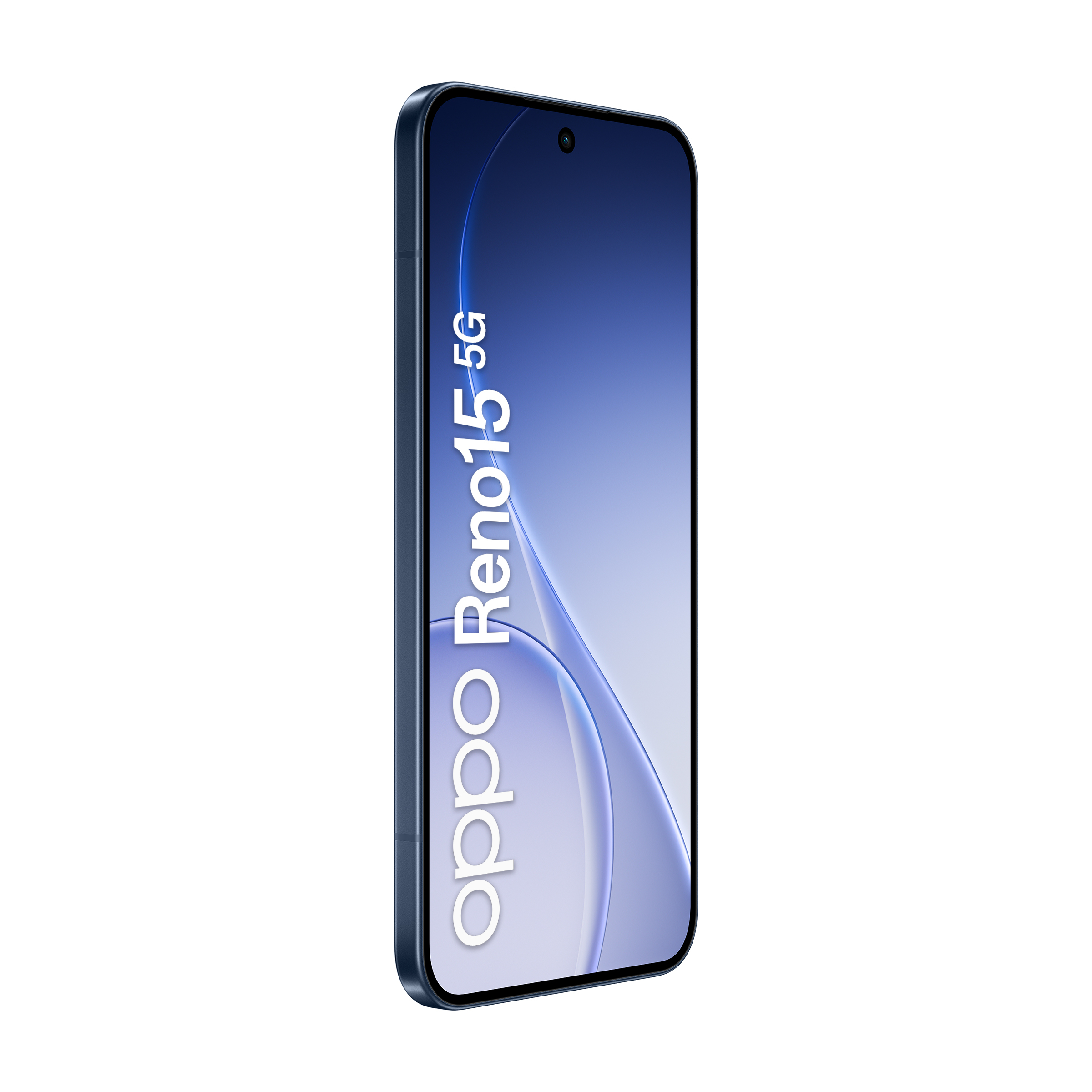 Un smartphone Oppo Reno 15 5G bleu foncé sur fond blanc. Le téléphone affiche un design abstrait bleu sur l'écran.