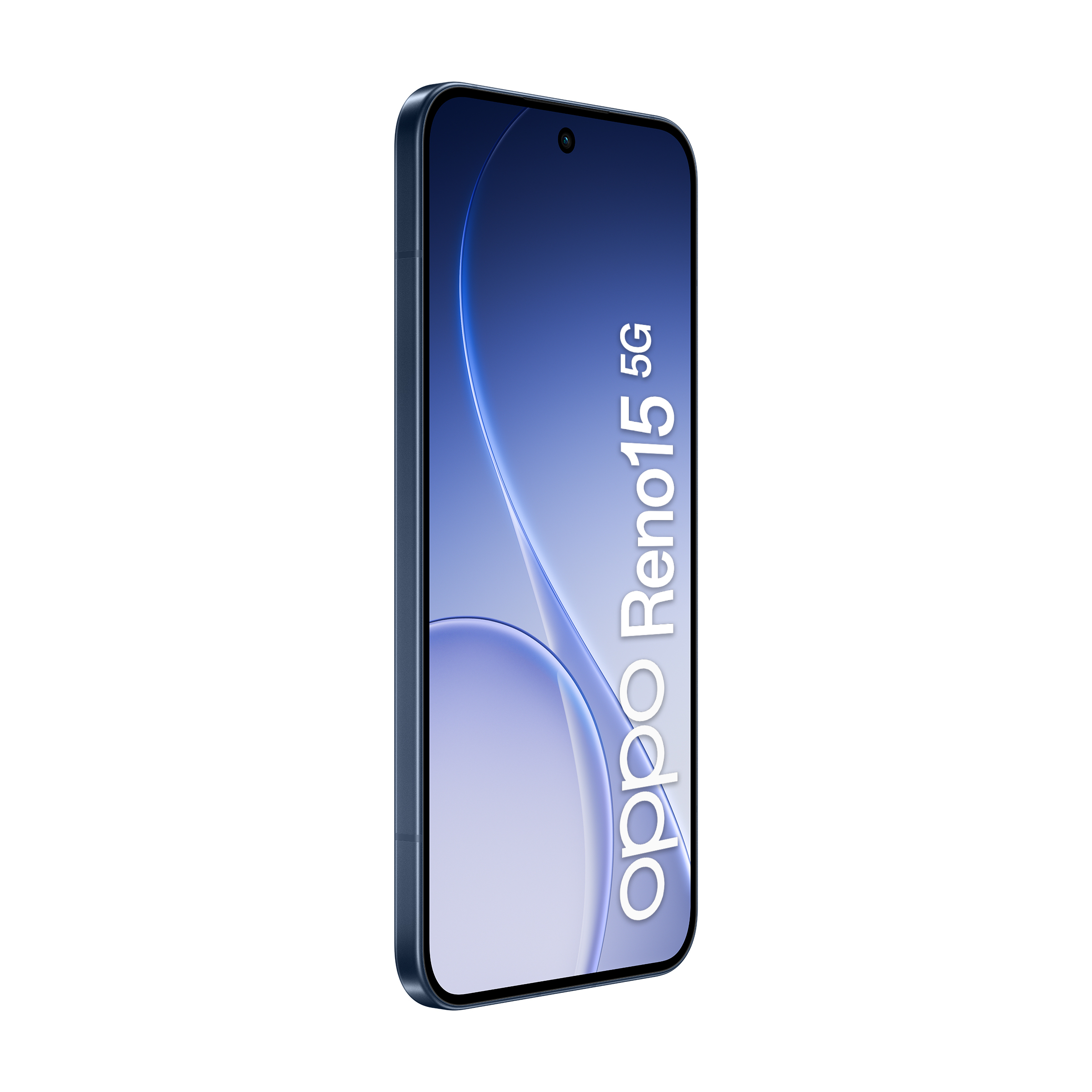 Un smartphone Oppo Reno15 5G bleu sur fond blanc. L'écran affiche un dégradé bleu.