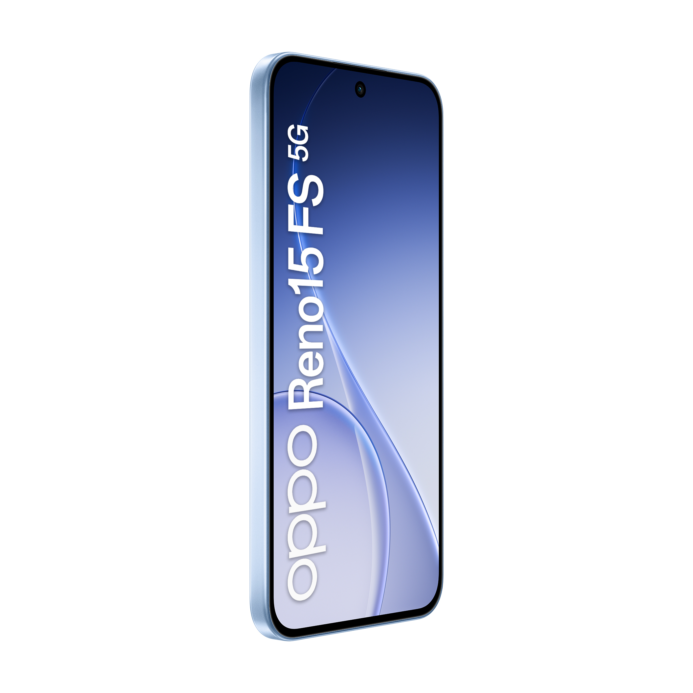 Uno smartphone Oppo Reno15 FS 5G azzurro. Lo schermo mostra un design a onde blu e bianche.