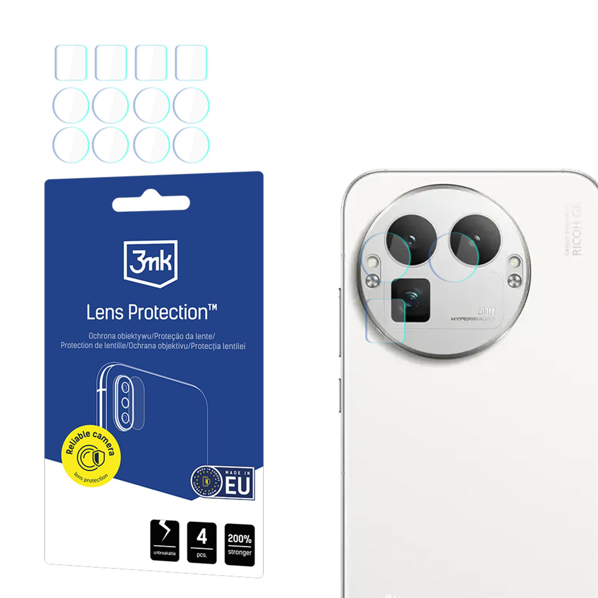 Un kit di protezione per lenti per telefono con un contorno del telefono, protezioni e confezione del prodotto con testo.