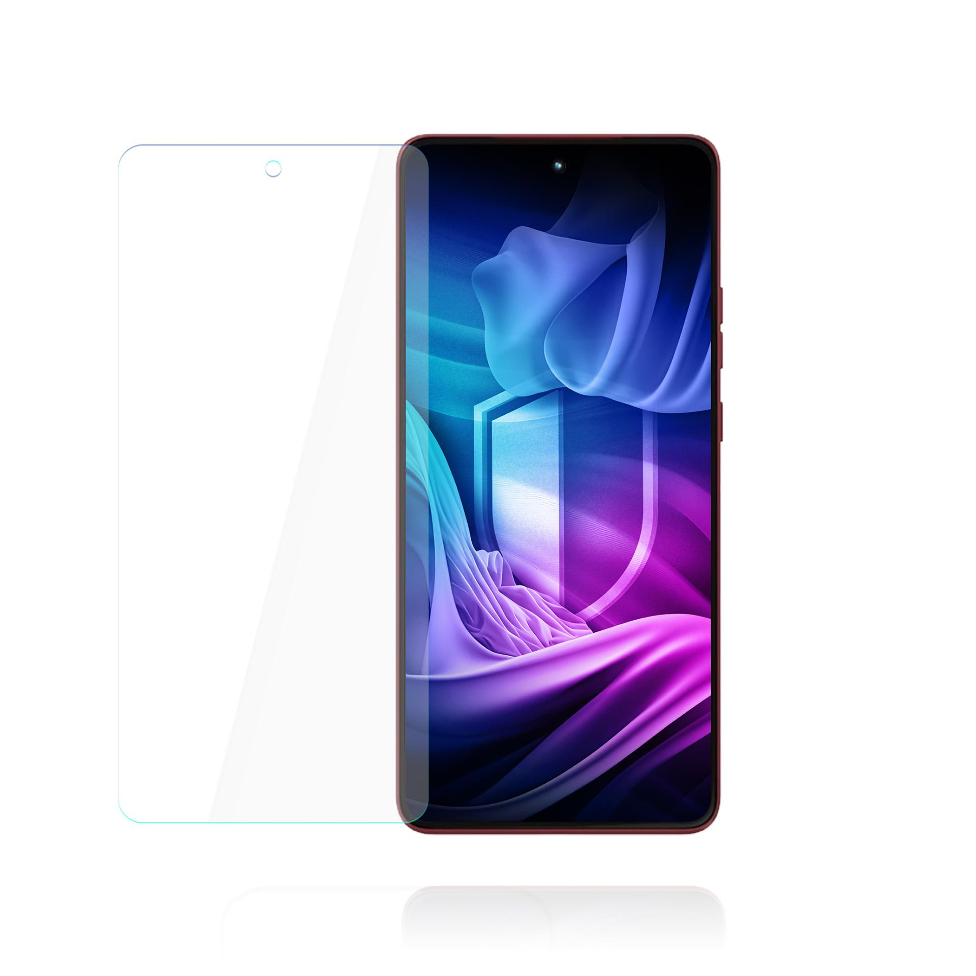 Un telefono con protezione schermo. Lo schermo mostra un design astratto e fluido nei colori blu, viola e bianco.