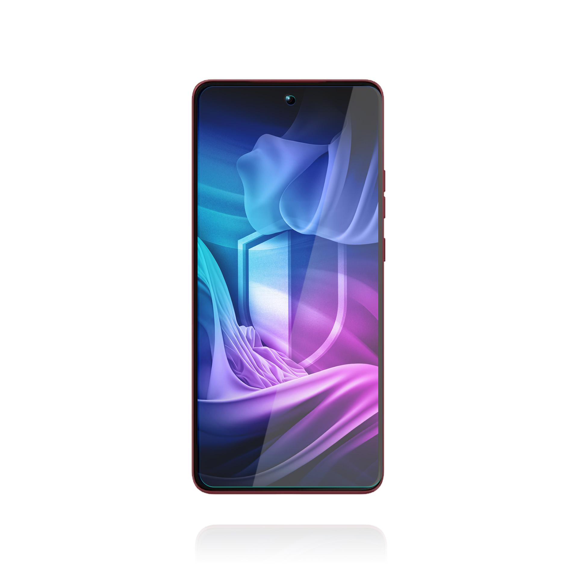 Uno smartphone con cornice rossa mostra un'immagine astratta blu e viola. Il telefono ha un'ombra riflettente.