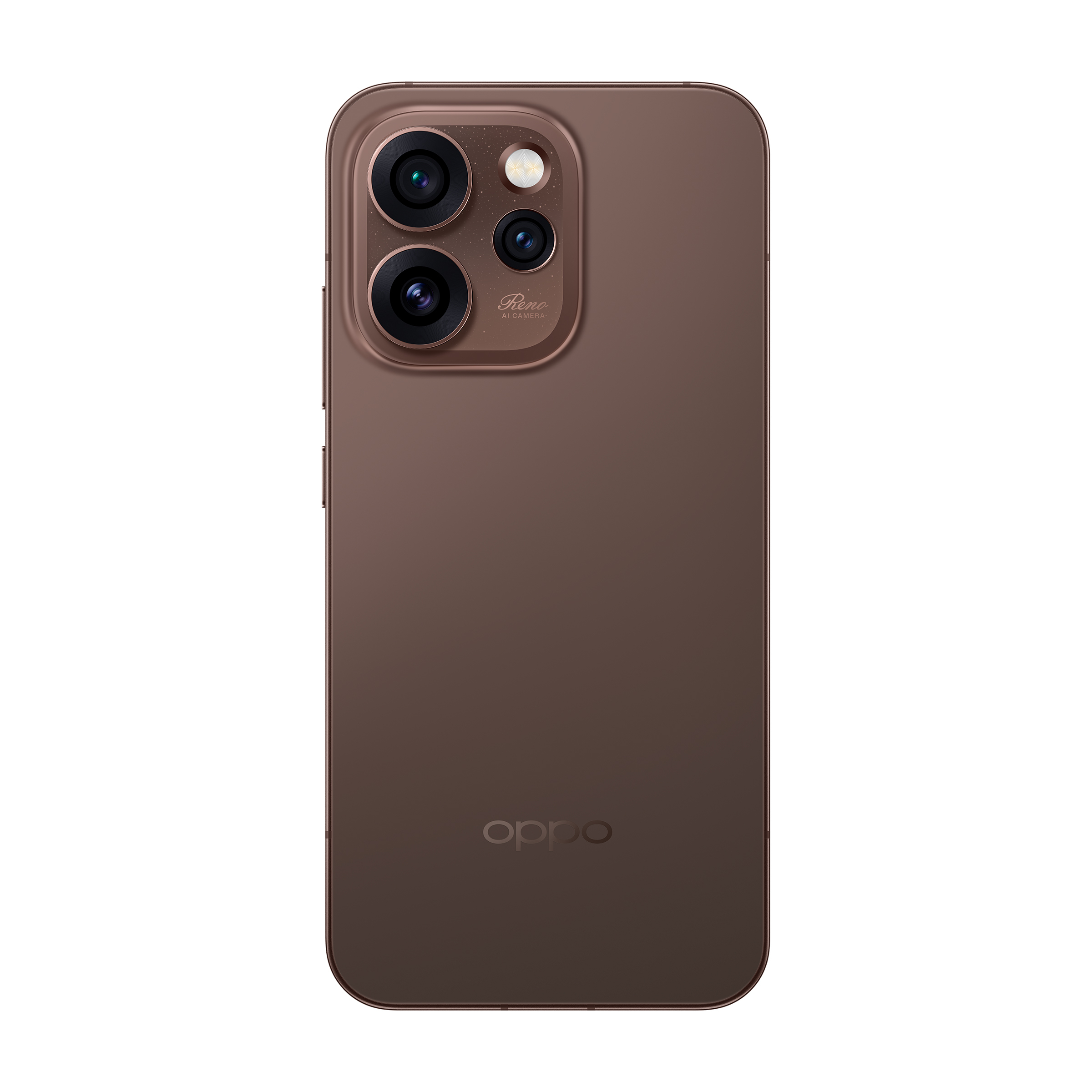 Dos d'un smartphone marron. Il possède plusieurs caméras, un flash et le logo de la marque. Le fond est blanc.