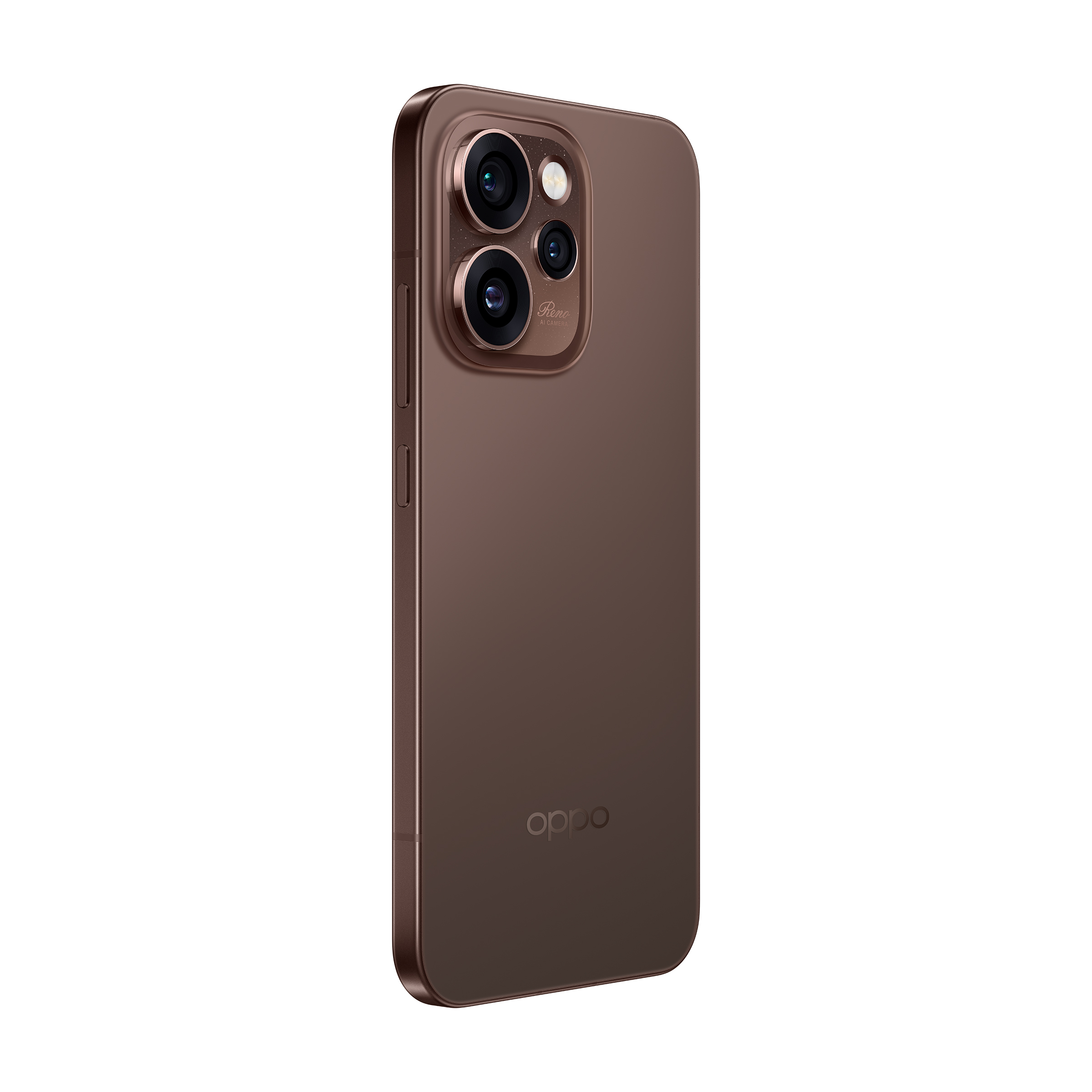 Un téléphone Oppo marron affiche son ensemble de caméras. Le logo Oppo est en bas. Le fond est blanc.