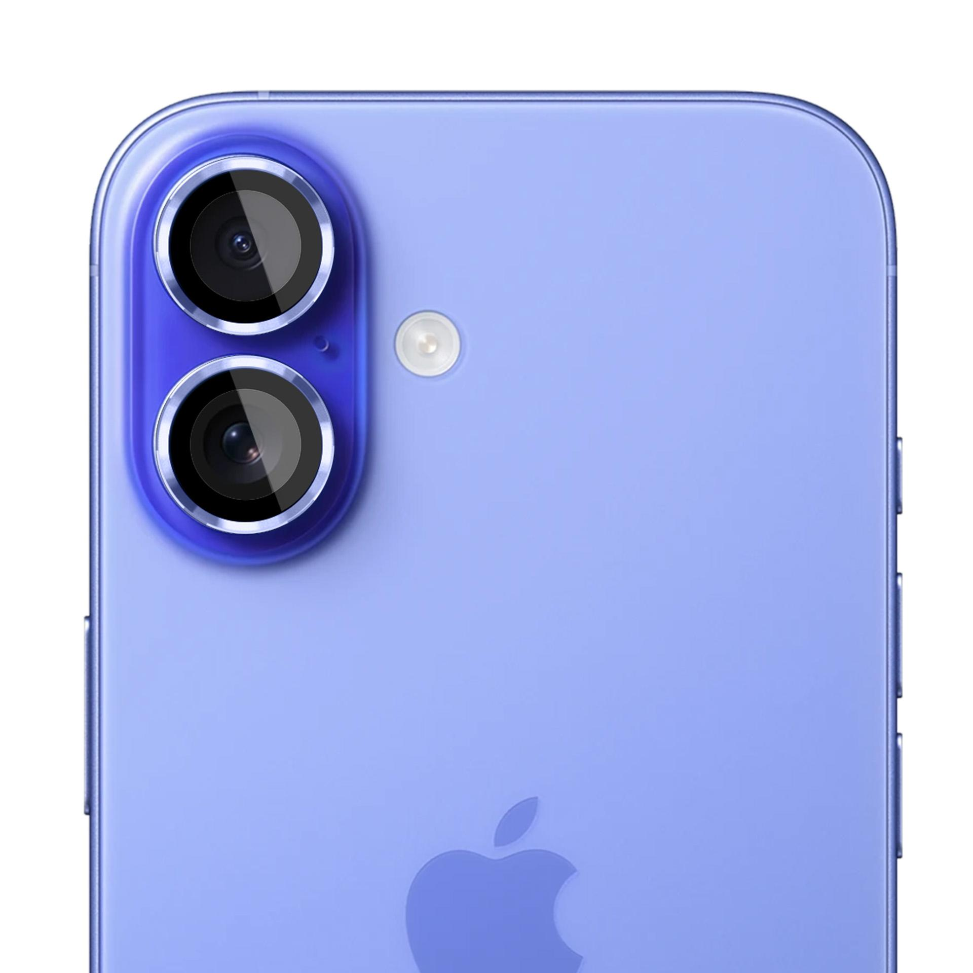 Primo piano del retro di uno smartphone viola. Ha due fotocamere, un flash e un logo Apple.
