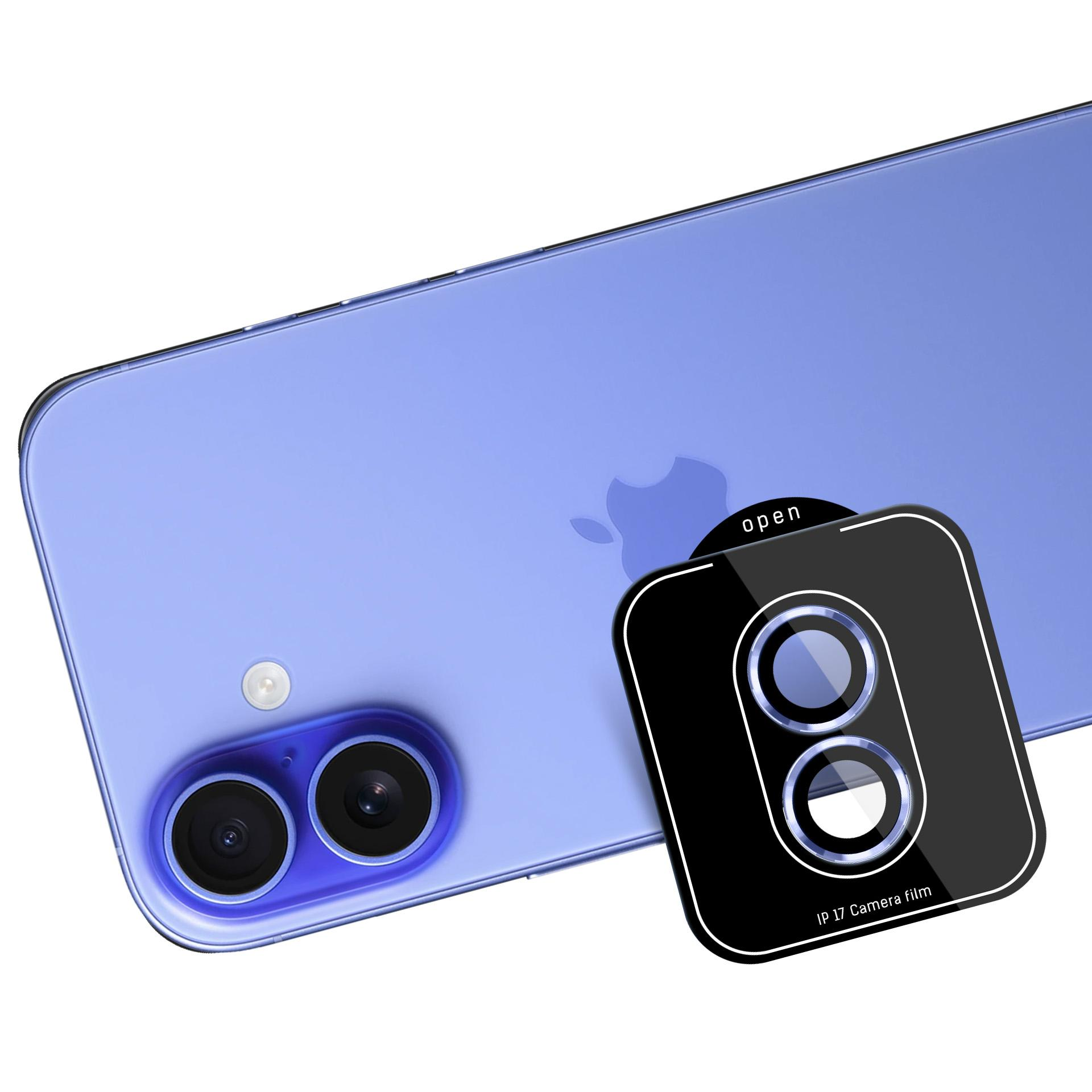 Un telefono con una pellicola protettiva per fotocamera. Il telefono è blu. La pellicola è nera e ha due cerchi.