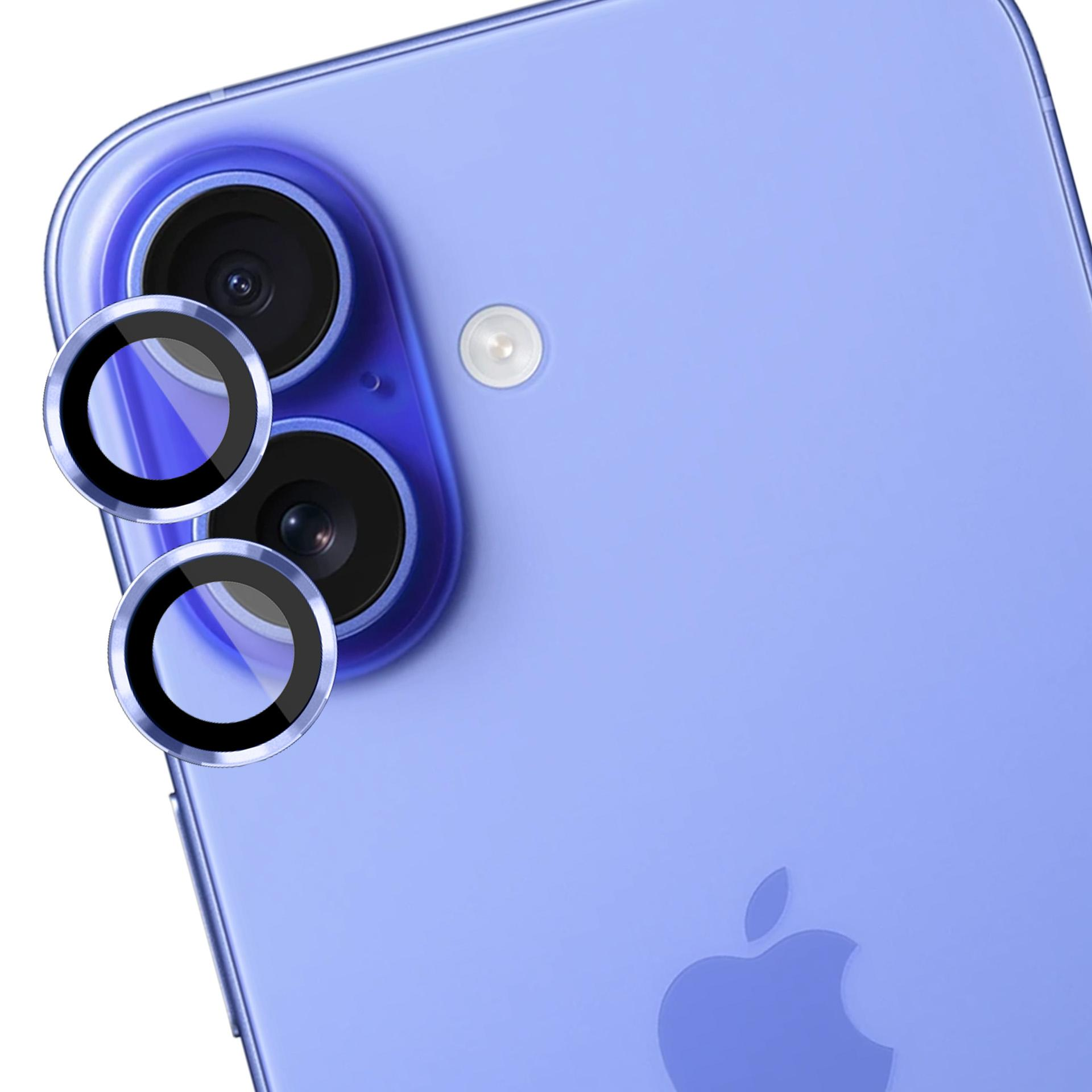 Un primo piano di un iPhone viola con tre obiettivi e un proteggi obiettivo.