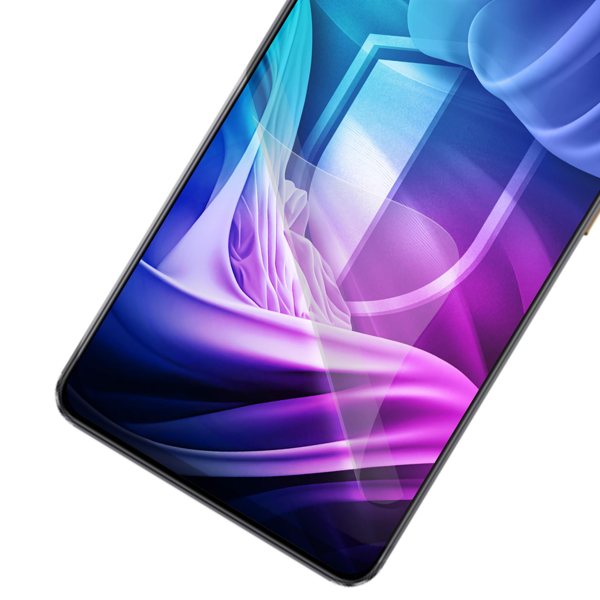 Lo schermo di uno smartphone mostra un design astratto viola, blu e bianco su sfondo bianco.