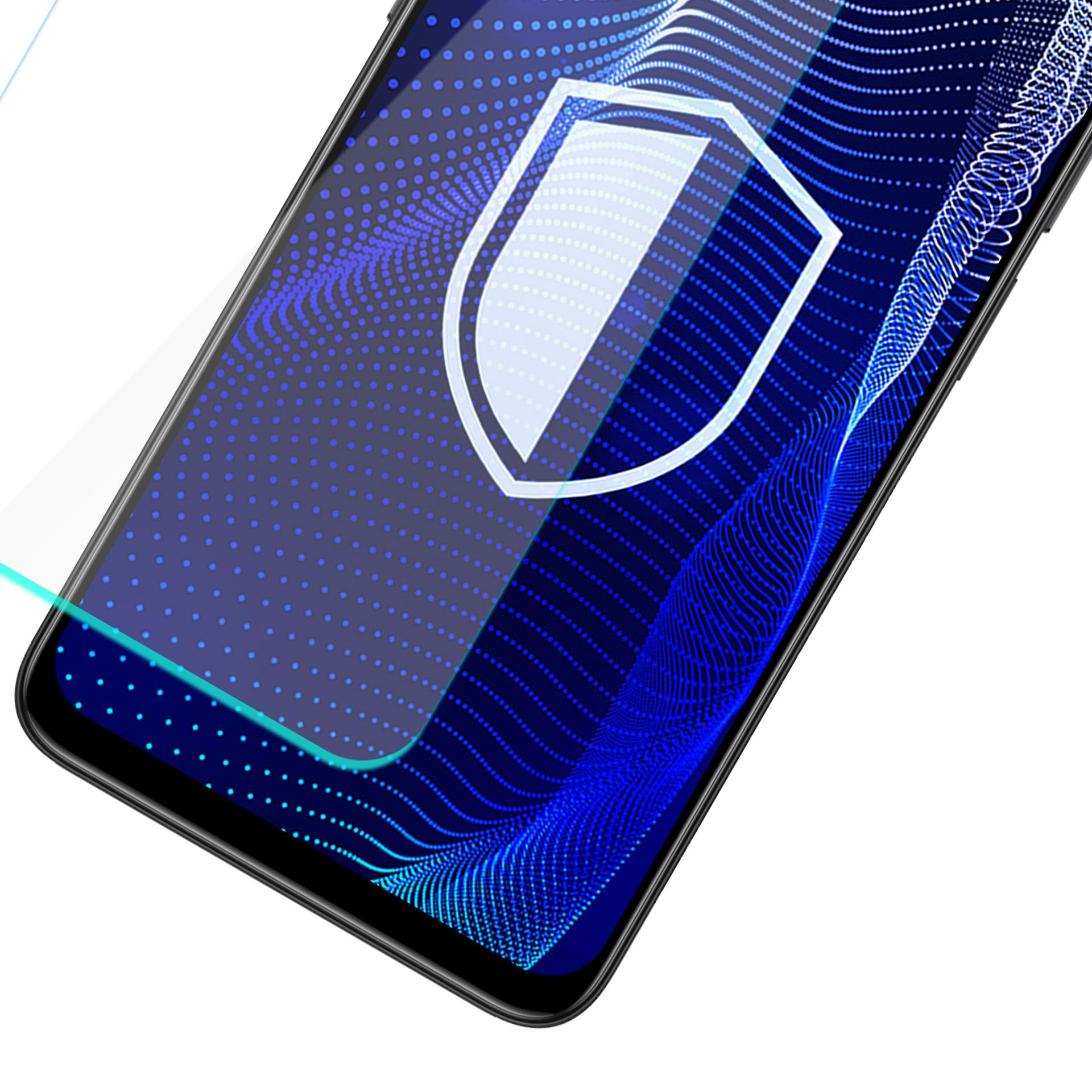 Un proteggi schermo per smartphone con un design a scudo bianco su sfondo blu a pois.