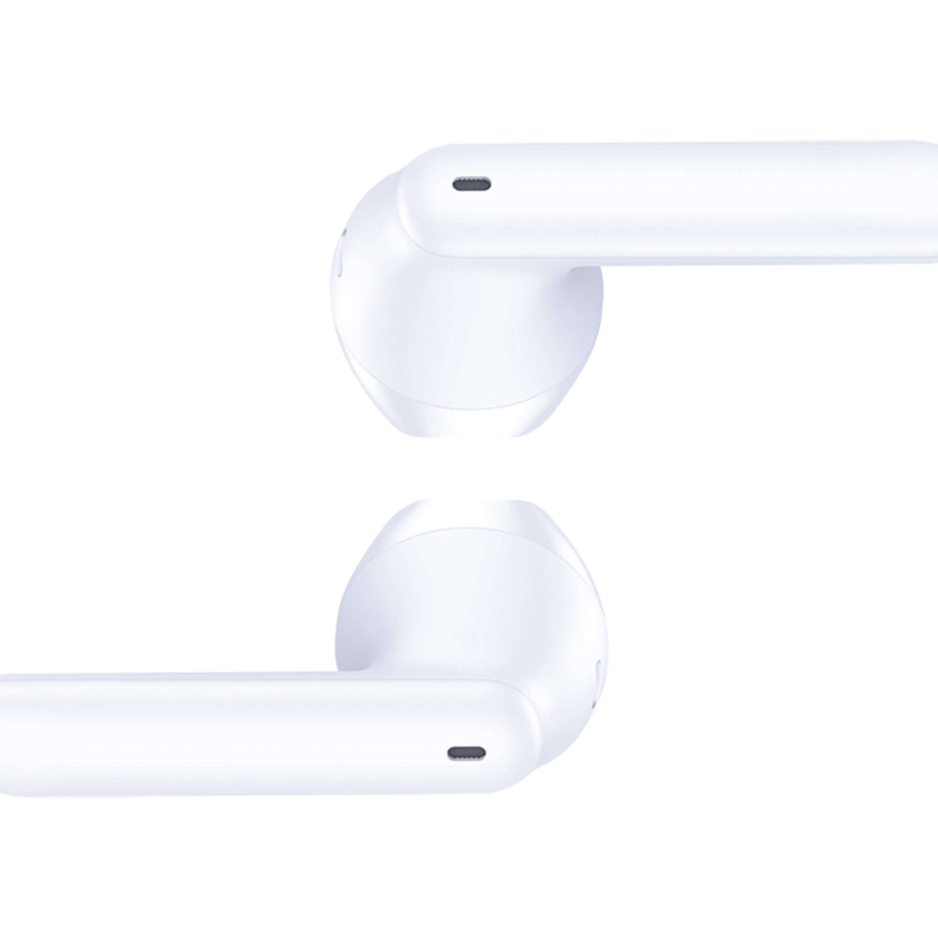 Dwa białe bezprzewodowe słuchawki izolowane na białym tle. Każdy ma czarny port mikrofonu.