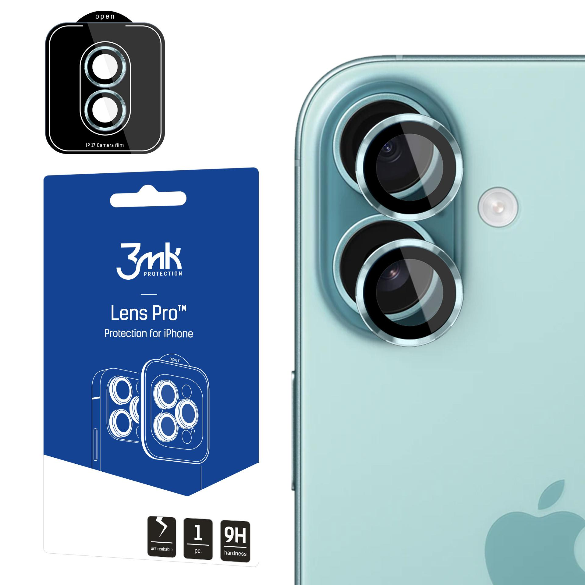Un telefono con protezione per l'obiettivo e confezione. La protezione è nera, la confezione è blu e bianca.