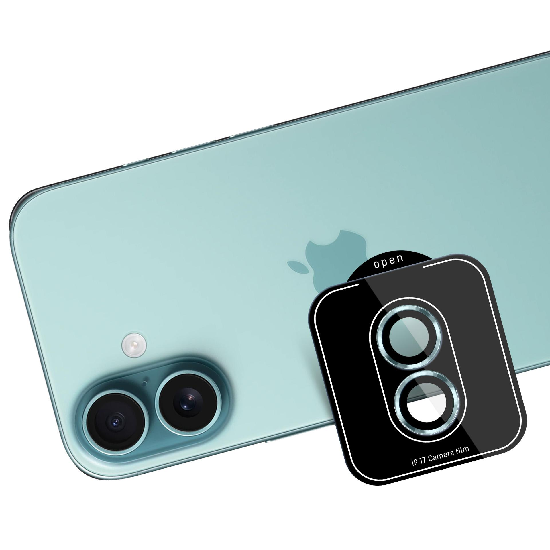 Retro di un telefono con protezione fotocamera. Il telefono è verde acqua, la protezione è nera. La protezione dice 'IP 17 Camera film'.