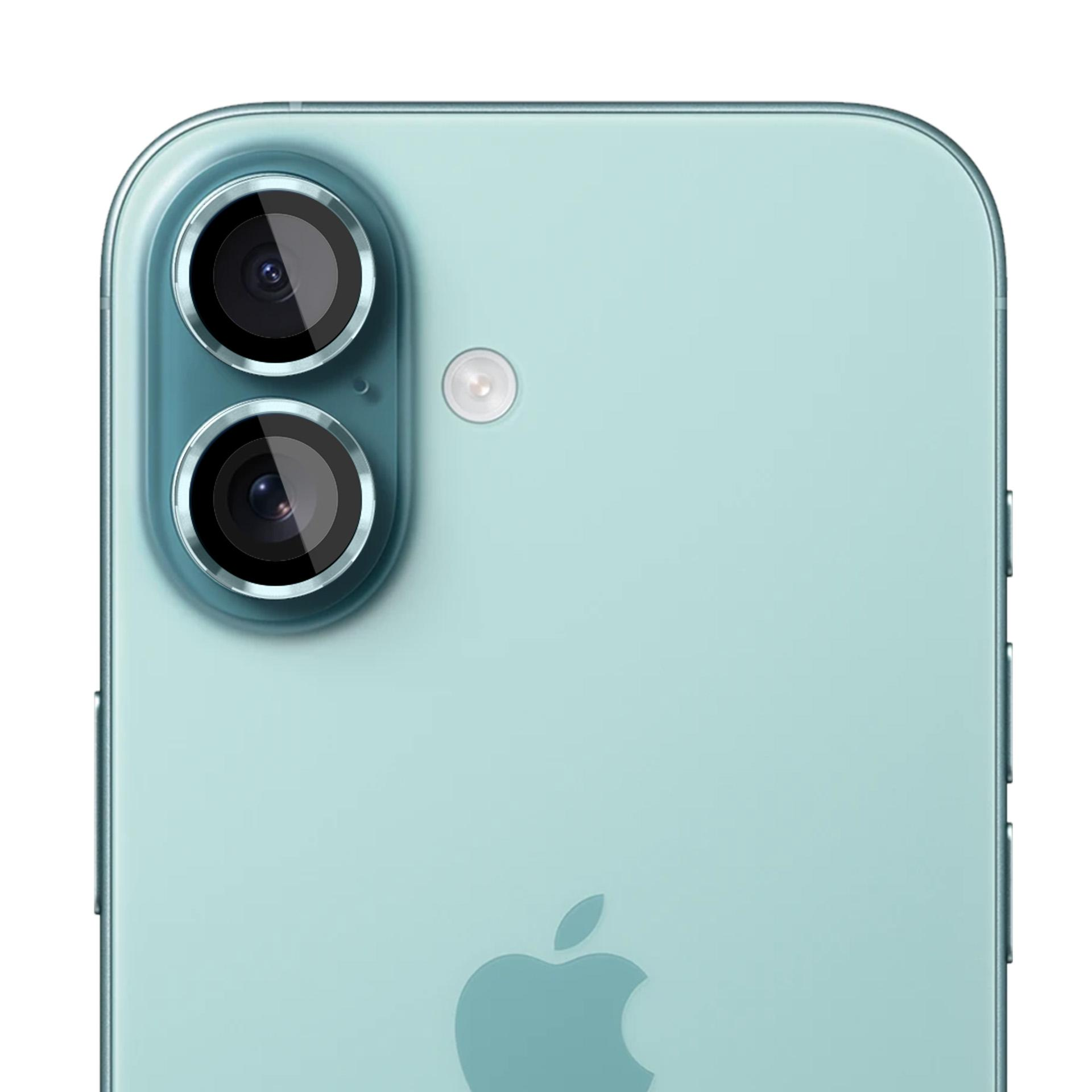 Primo piano del retro di uno smartphone verde menta. Ha due fotocamere, un flash e un logo Apple.