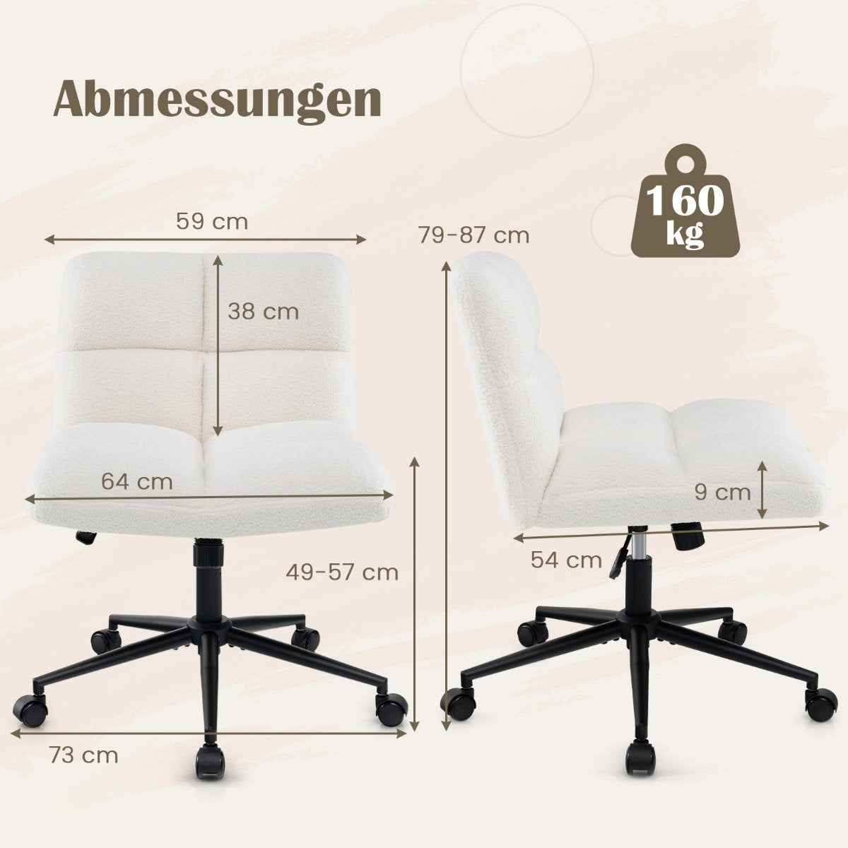 Una silla de oficina blanca con patas negras. Las dimensiones se muestran con flechas y medidas en cm. El texto superior dice 'Abmessungen'.