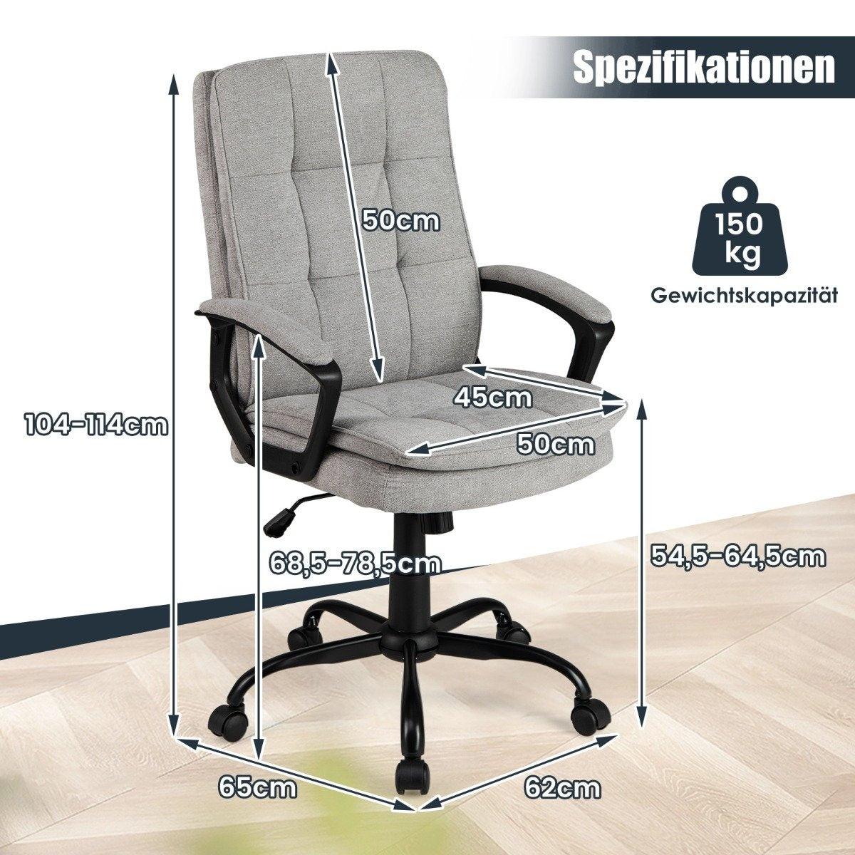 Una silla de oficina gris con dimensiones. La silla tiene reposabrazos y base de cinco estrellas. Capacidad de peso: 150 kg.