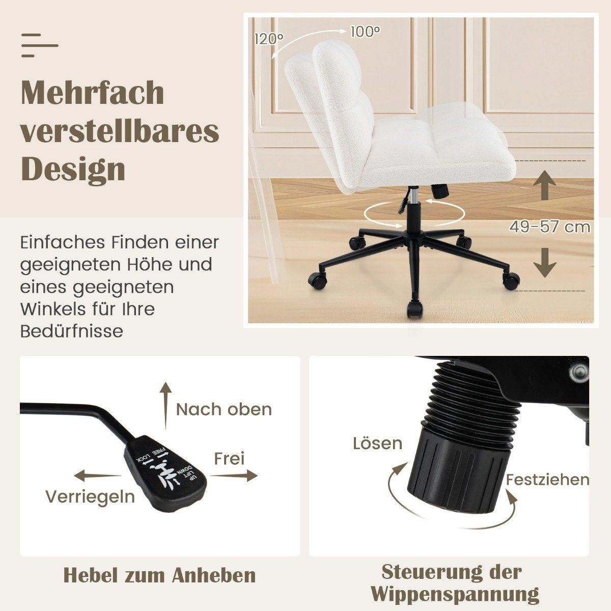 Una silla de oficina con altura y ángulo del respaldo ajustables. Tiene un asiento blanco y una base negra con ruedas. Se muestran instrucciones.