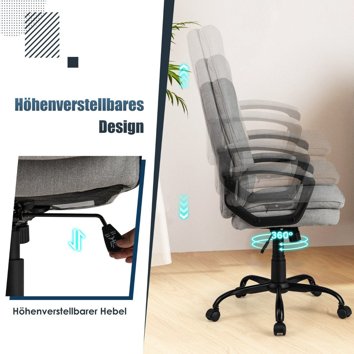 Una silla de oficina gris con altura ajustable y rotación de 360 grados. La imagen muestra las características y el diseño.