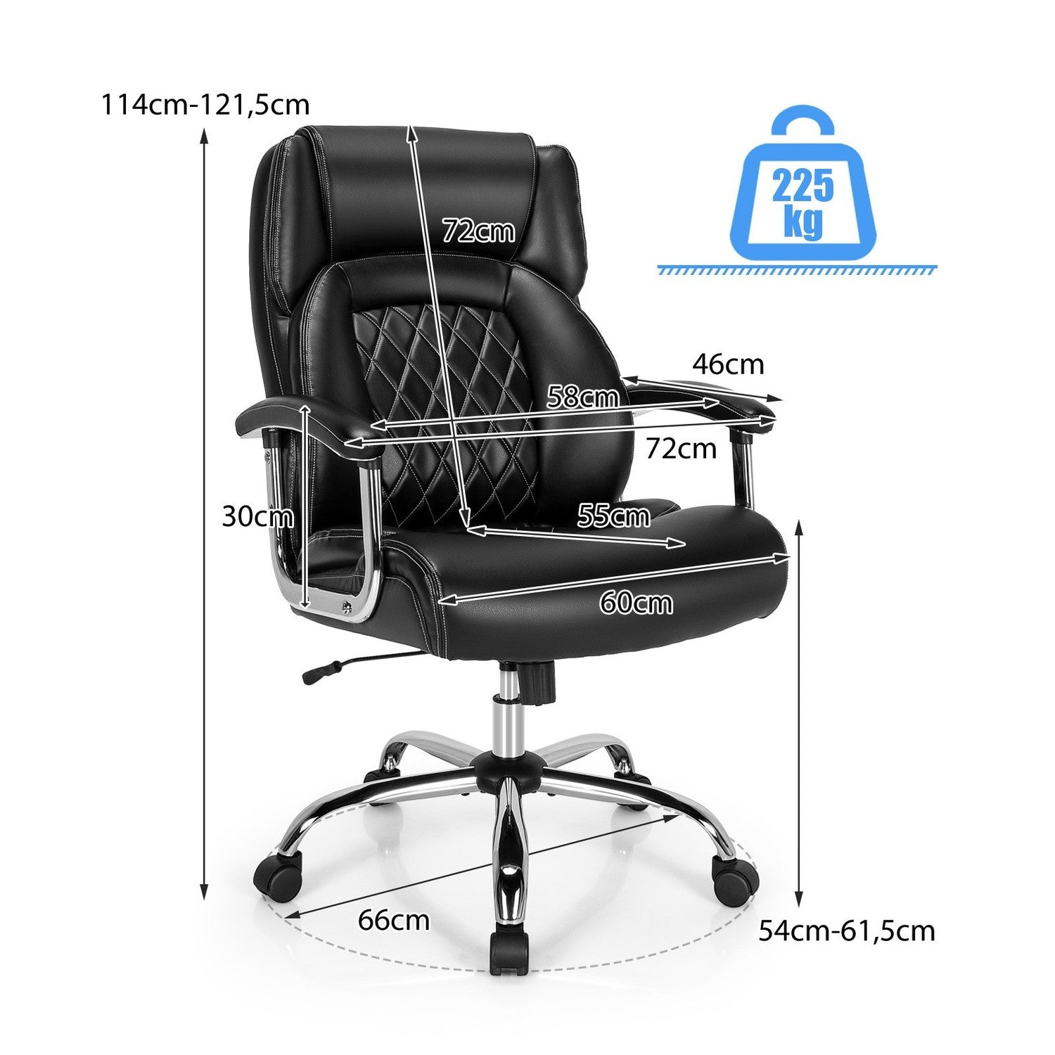 Silla de oficina negra con medidas. Tiene respaldo alto, costuras de diamante y base cromada. La silla soporta 225 kg.
