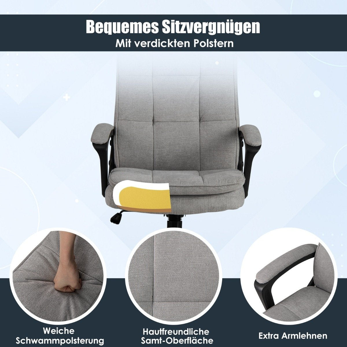 Una silla de oficina gris con reposabrazos. Tiene asiento y respaldo acolchados. Tres imágenes detalladas muestran características.