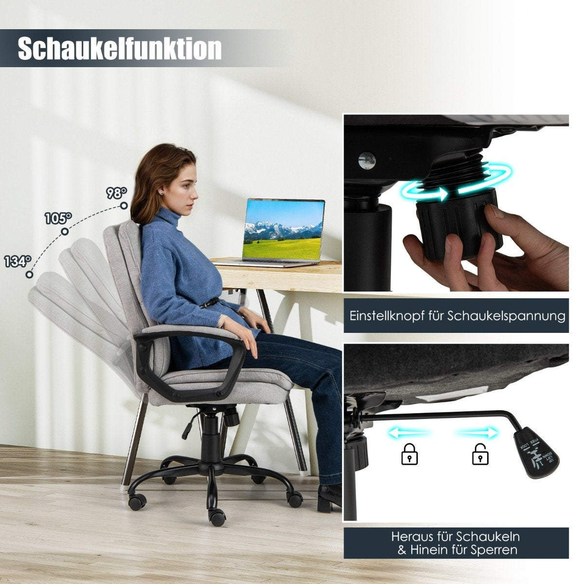 Una mujer sentada en una silla de oficina gris. Diagramas muestran funciones de la silla, incluidos ángulos de inclinación y controles.